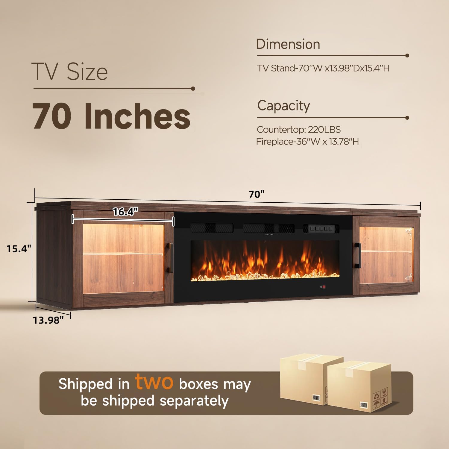 Brown Gloss Floating Fireplace TV Stand