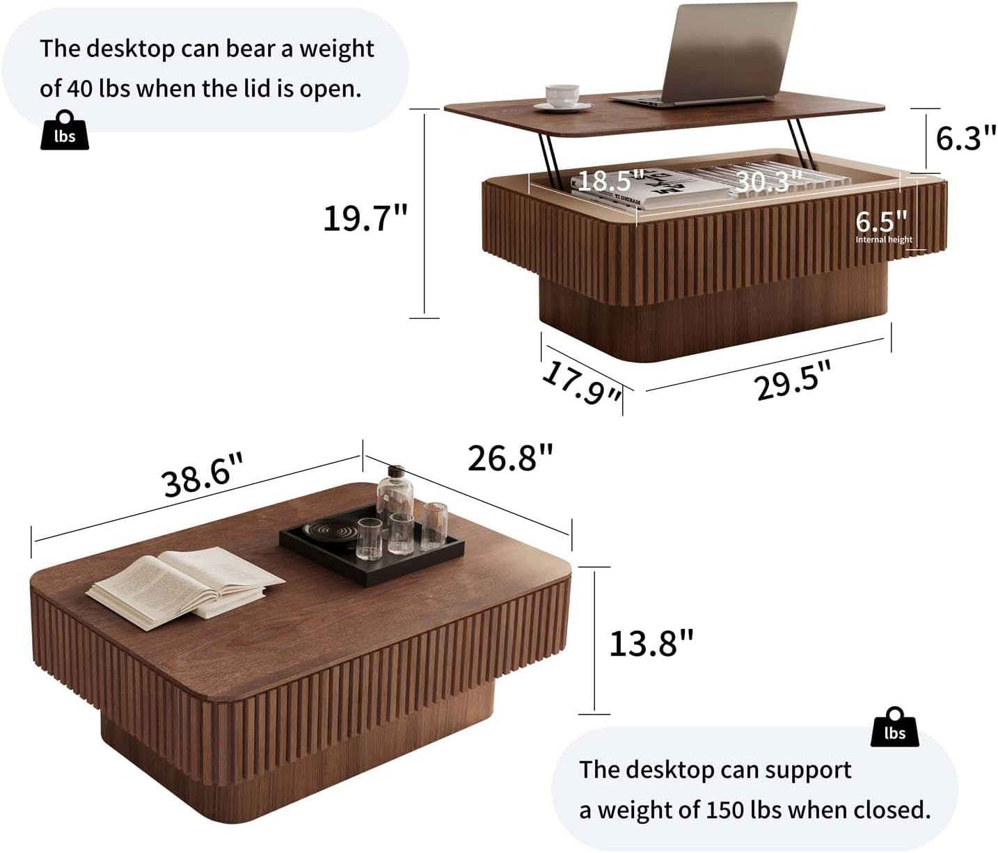 Fluted Lift Top Storage Coffee Table