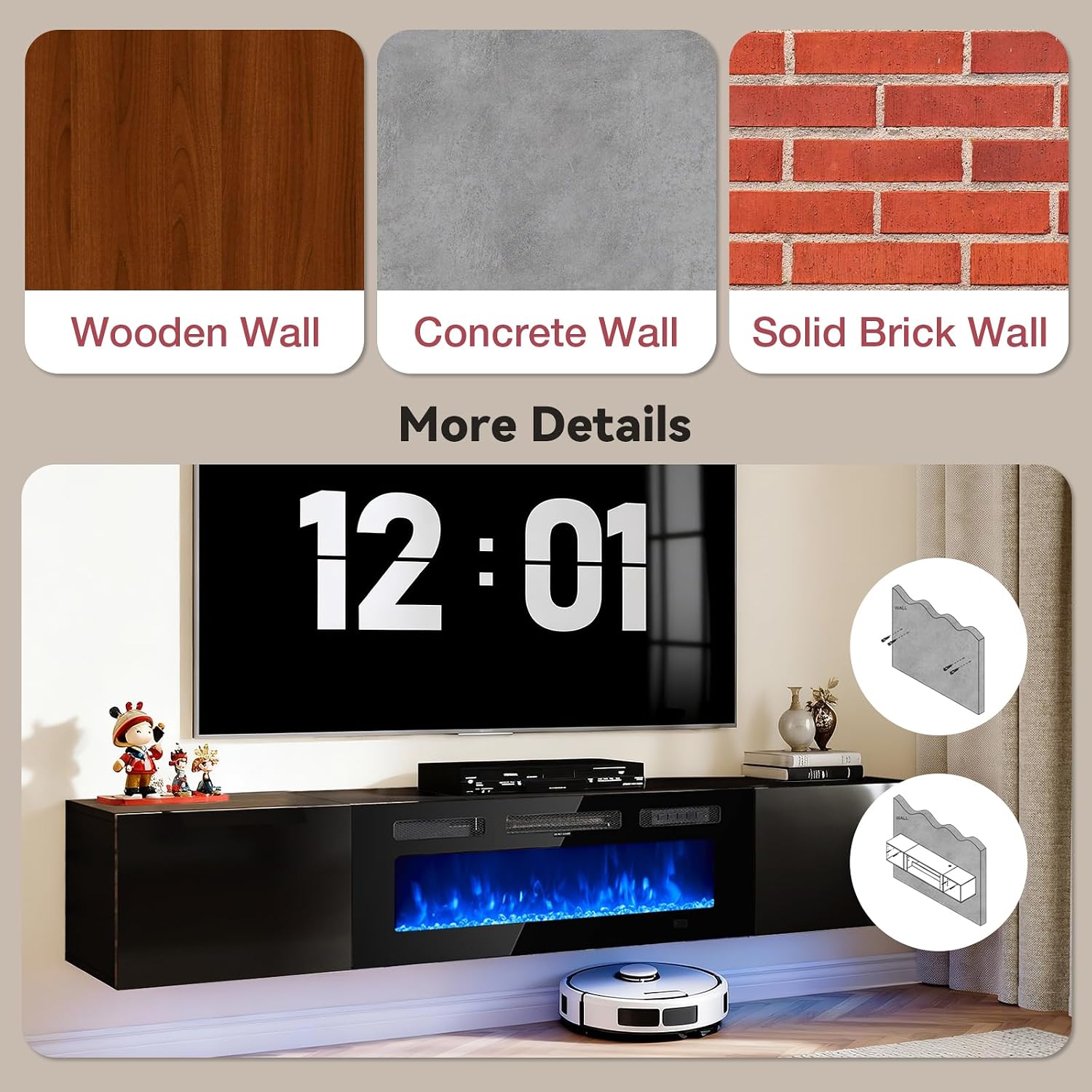 Black LED Floating Fireplace TV Stand