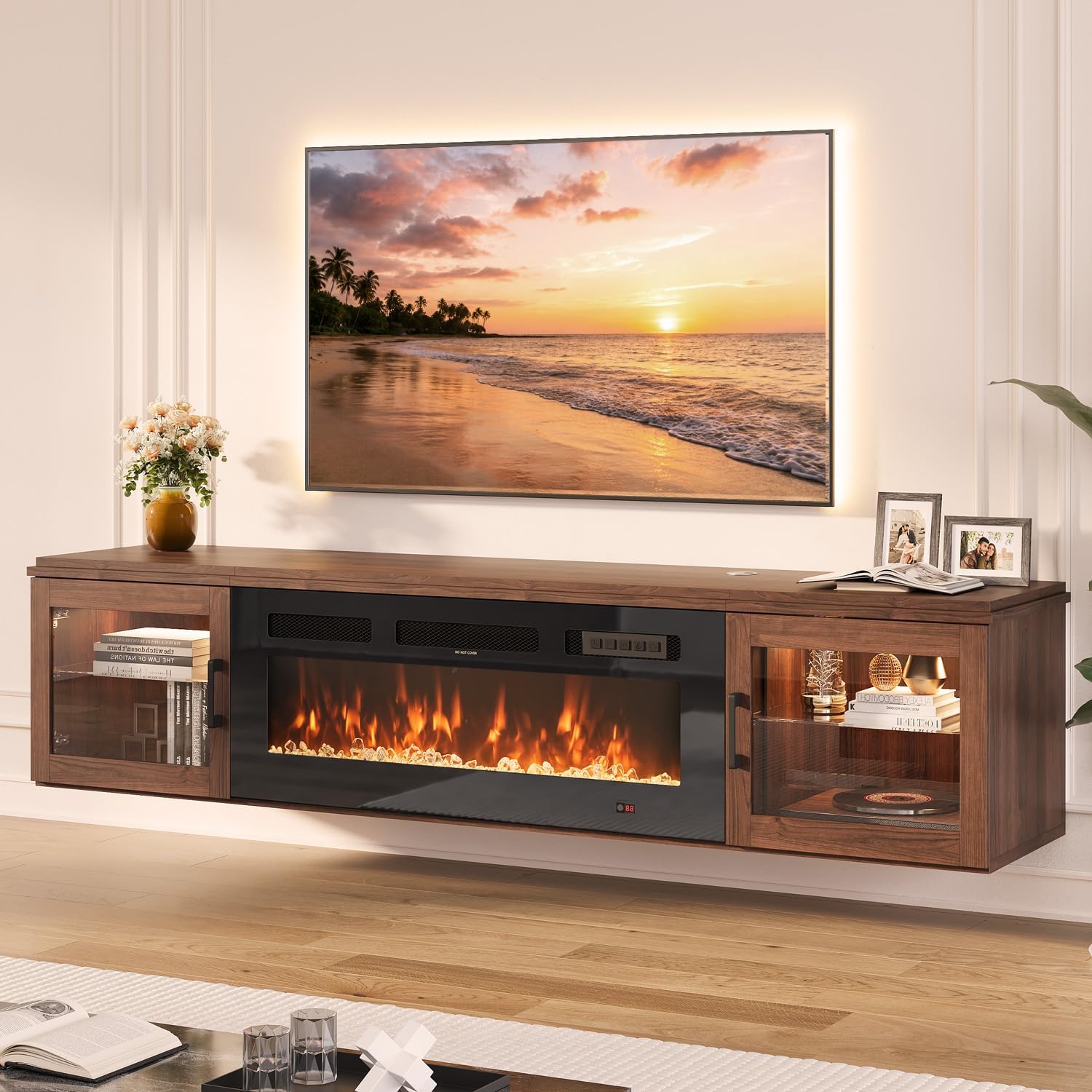 Brown Gloss Floating Fireplace TV Stand