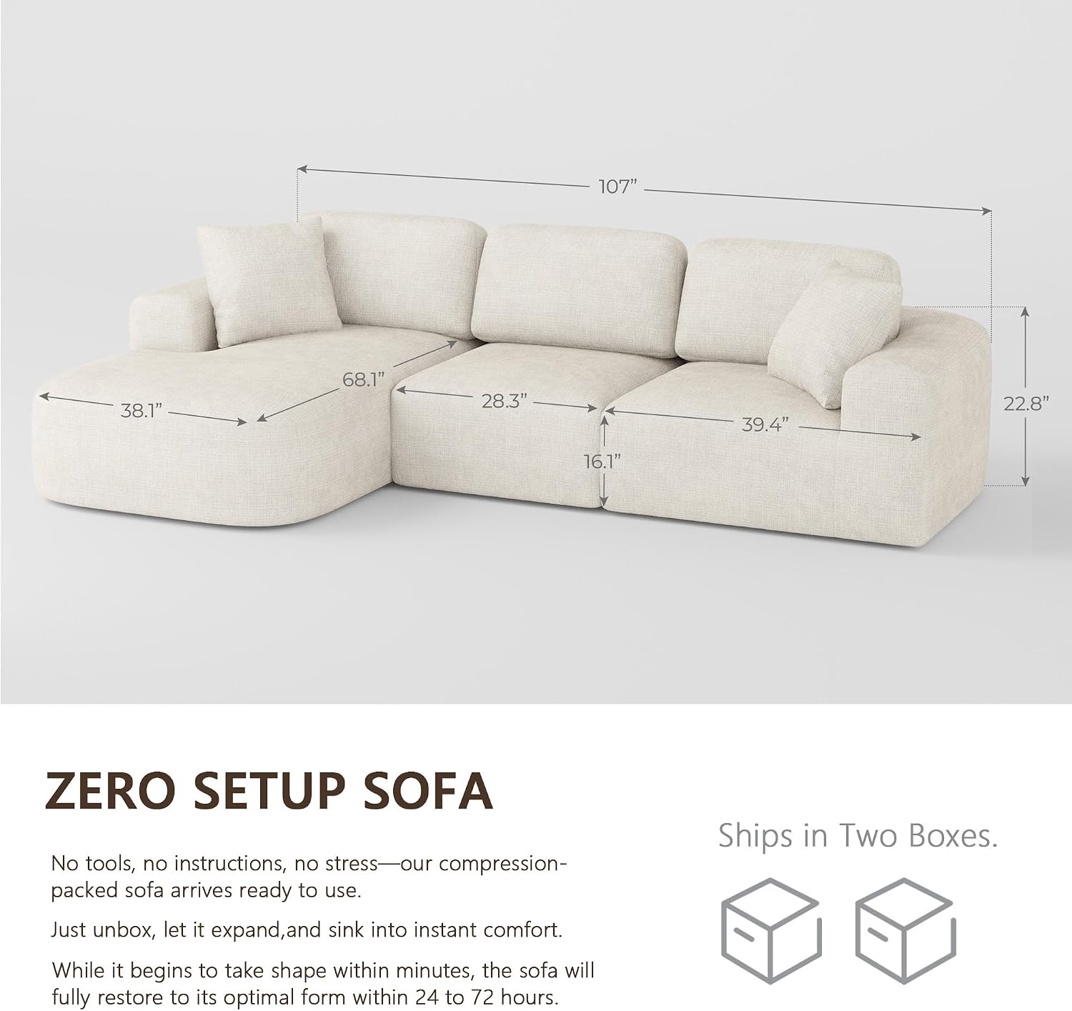 Ivory Boucle L-Shaped Sectional Sofa