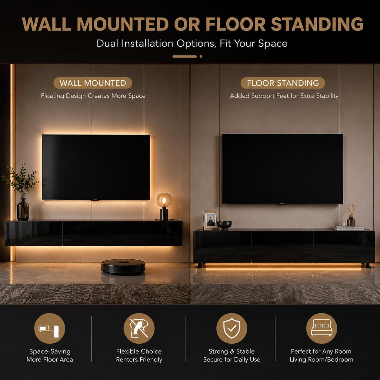 Black Gloss LED Floating TV Stand