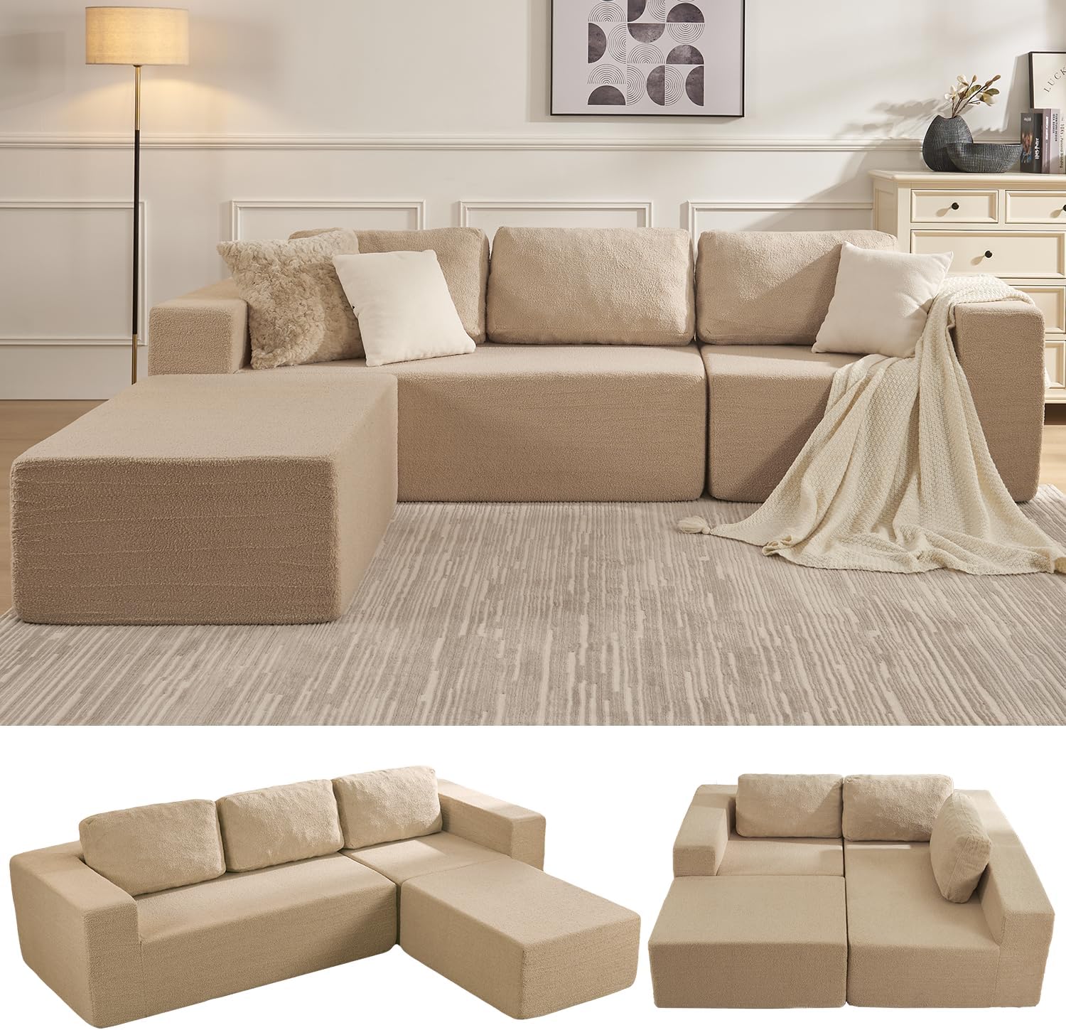Camel Teddy Boucle L-Shaped Sofa
