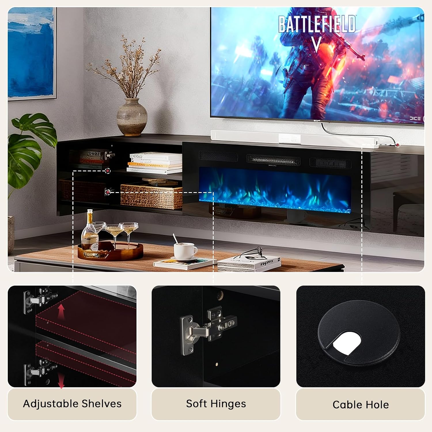Black LED Floating Fireplace TV Stand