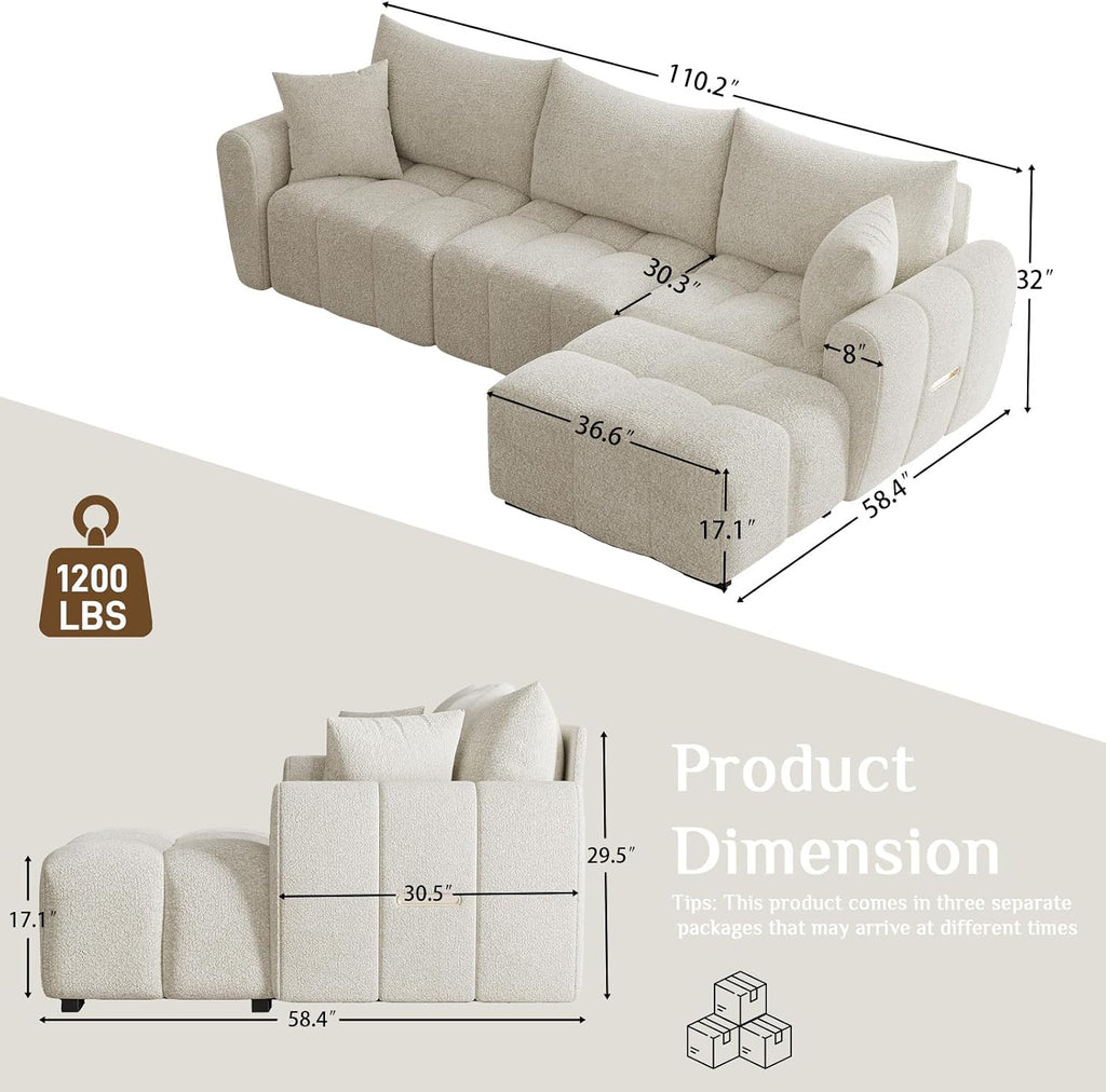 Beige Boucle Cloud Sectional with Ottoman