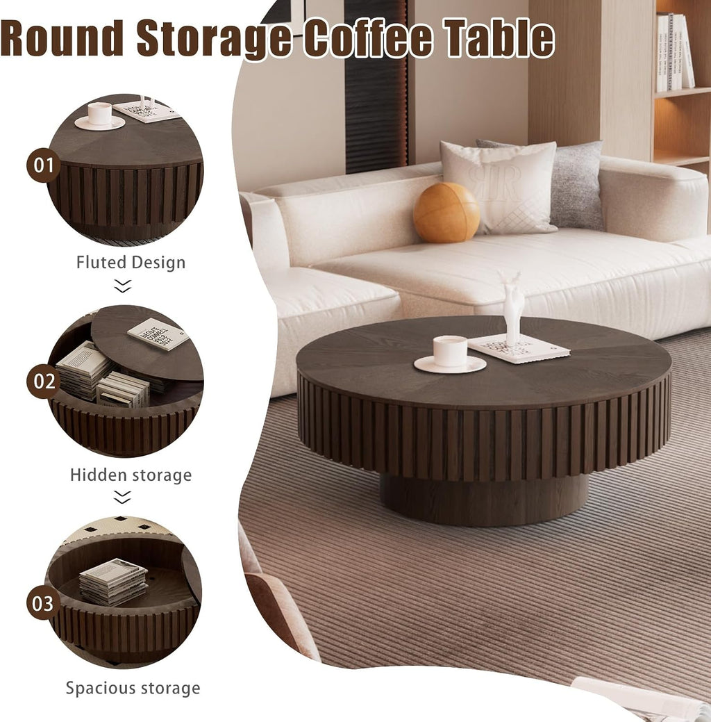 Brown Fluted Solid Wood Round Coffee Table