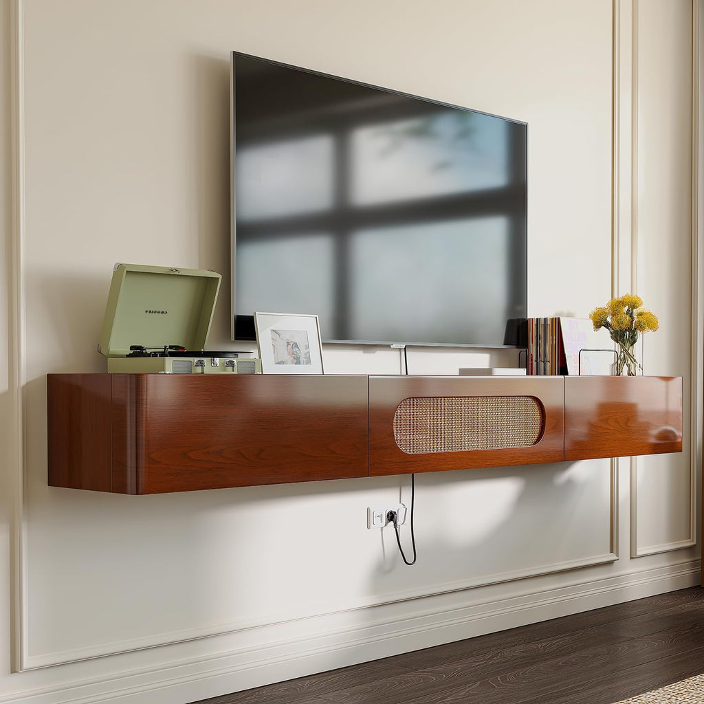 Walnut Rattan Floating TV Stand