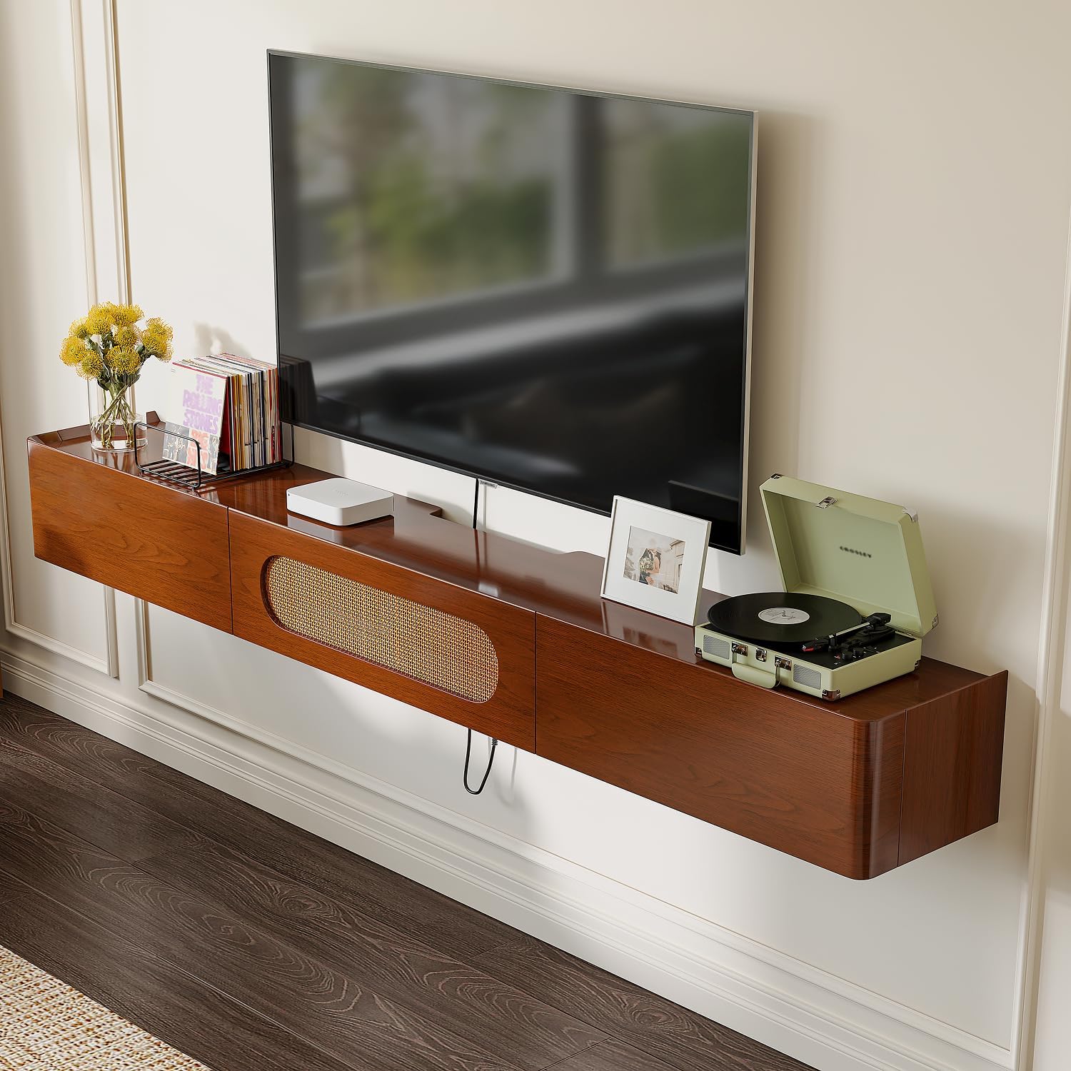 Walnut Rattan Floating TV Stand