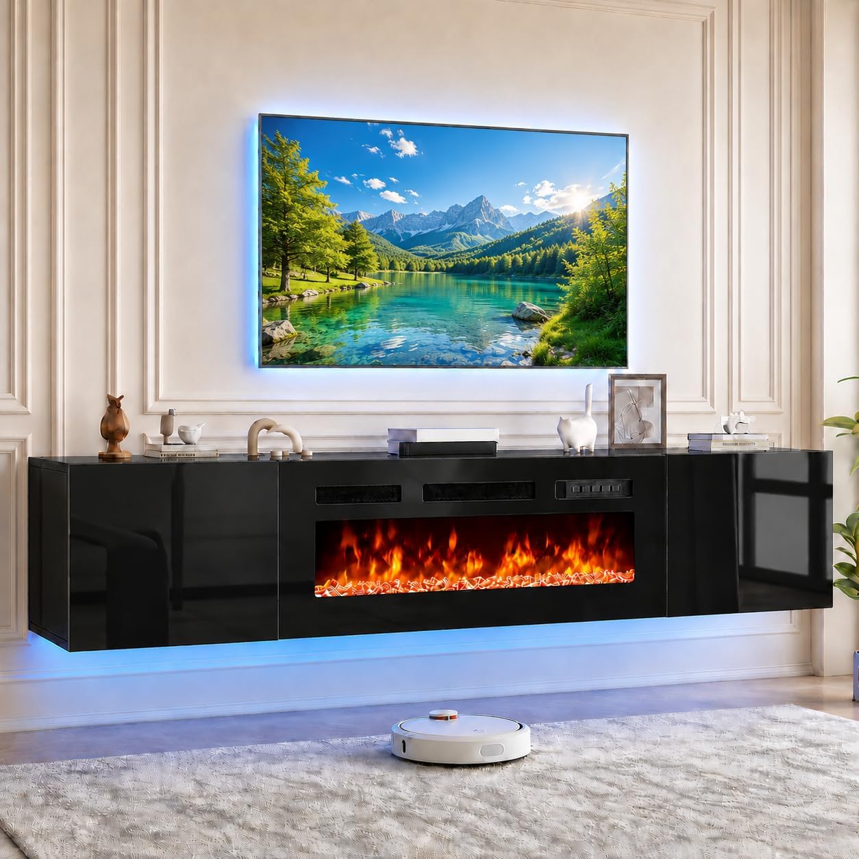 Black LED Floating Fireplace TV Stand