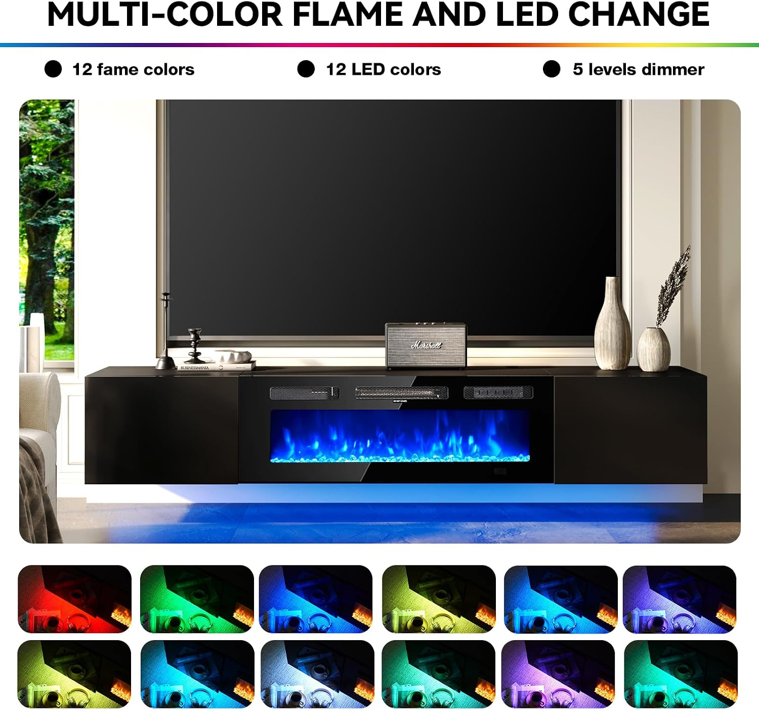 Black LED Floating Fireplace TV Stand
