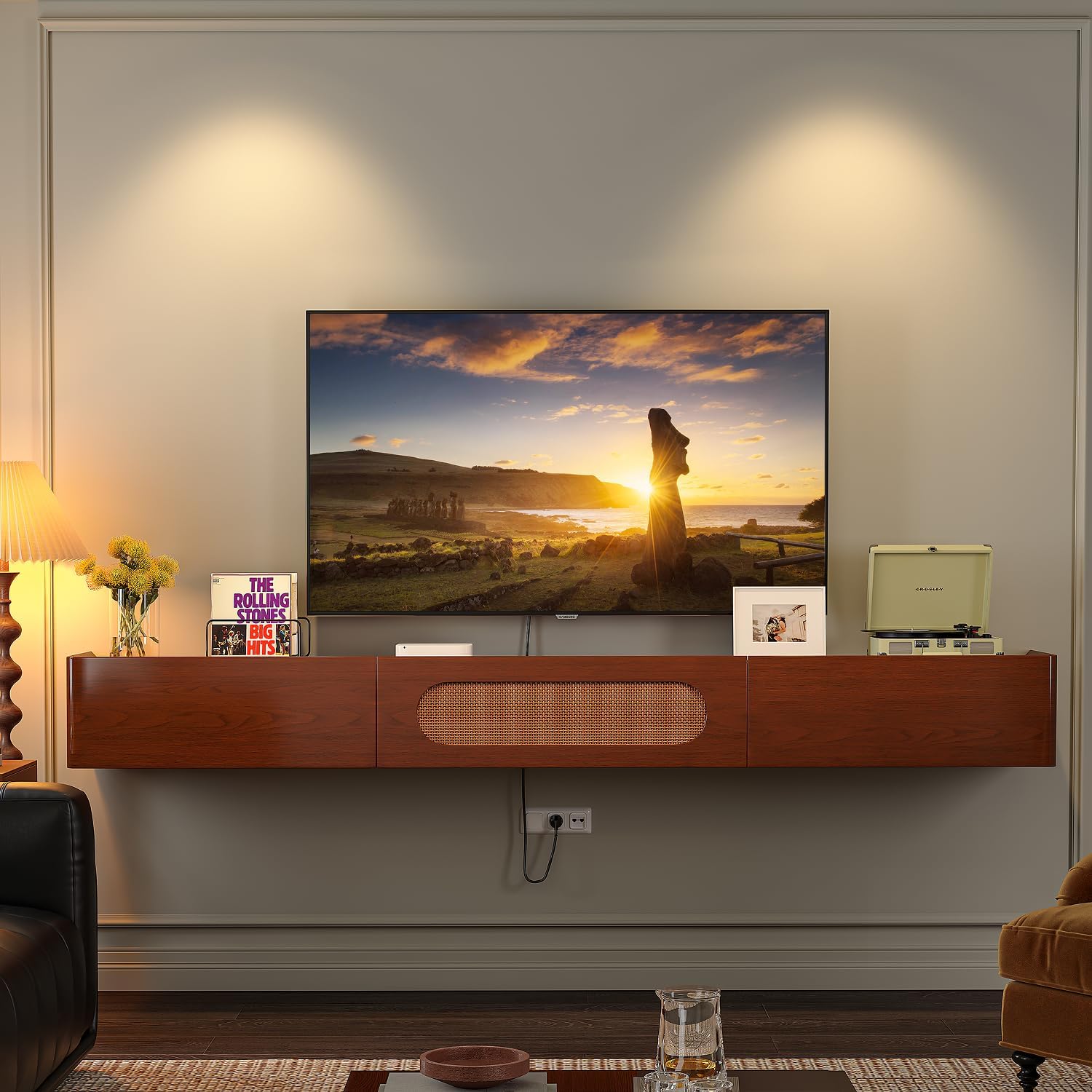 Walnut Rattan Floating TV Stand