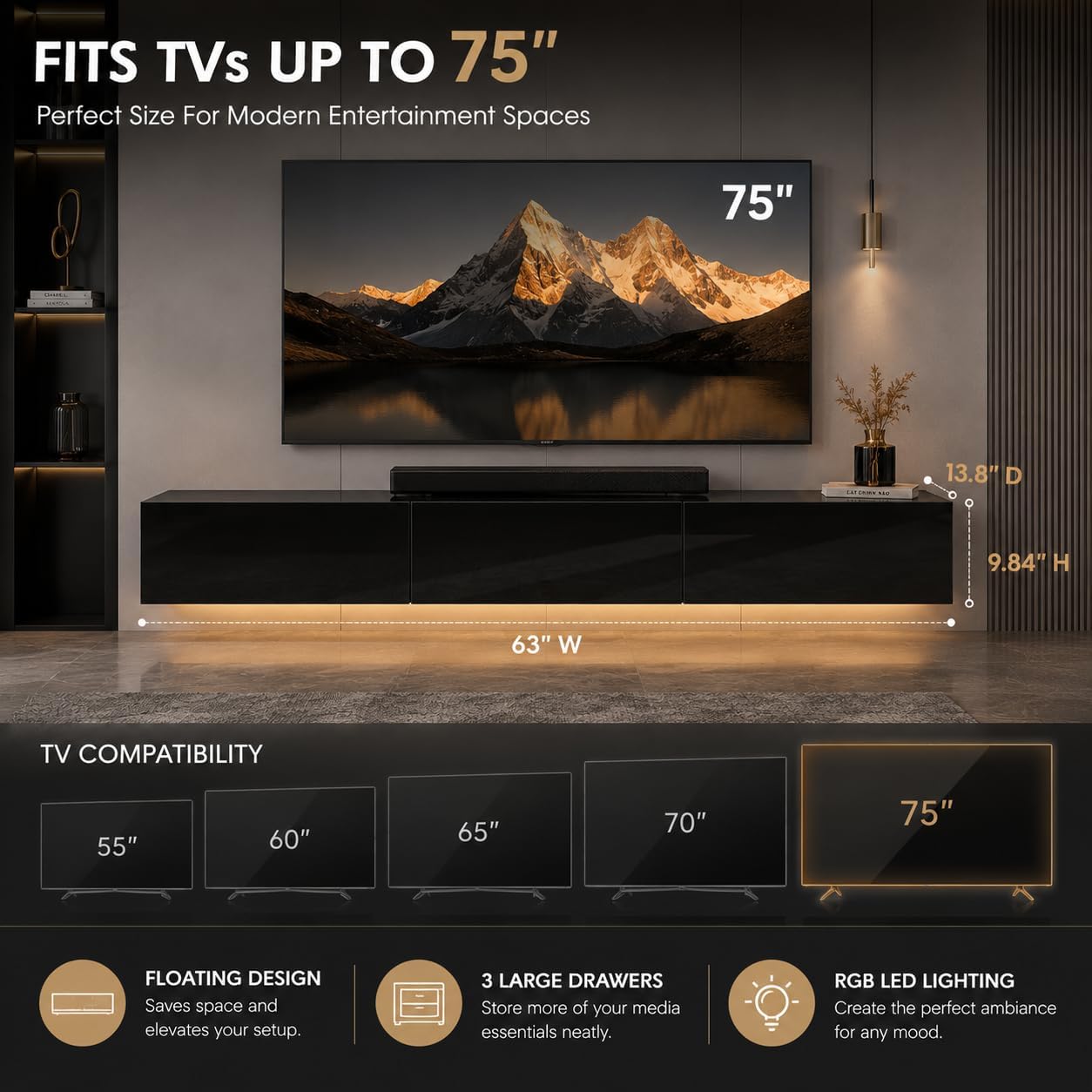 Black Gloss LED Floating TV Stand