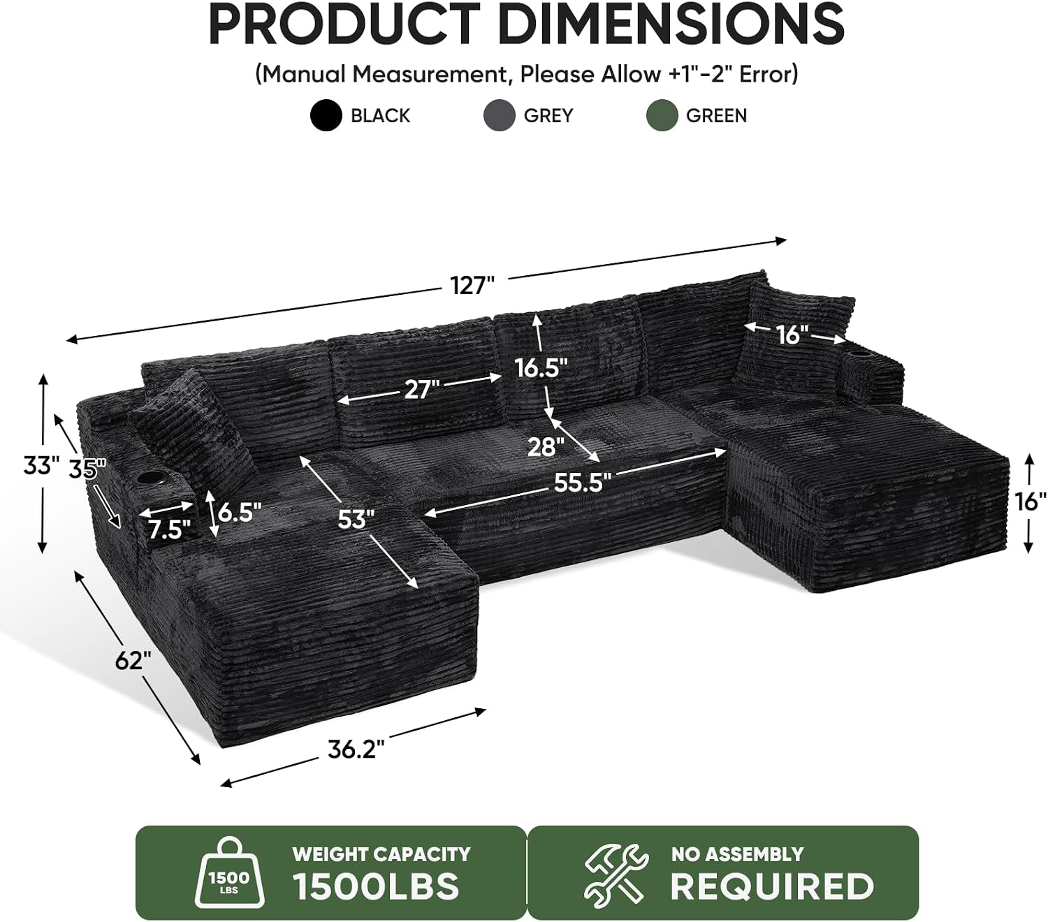 Black Corduroy U-Shaped Cloud Sofa