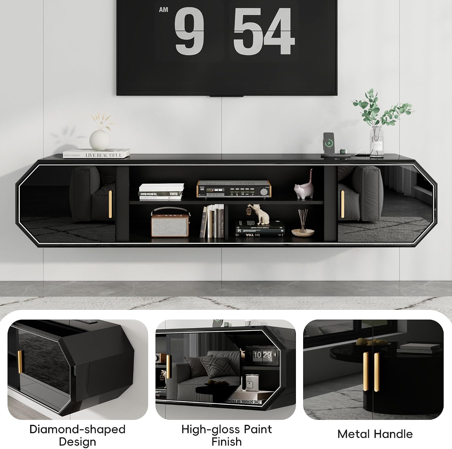 Gloss Floating TV Stand With Charging Station