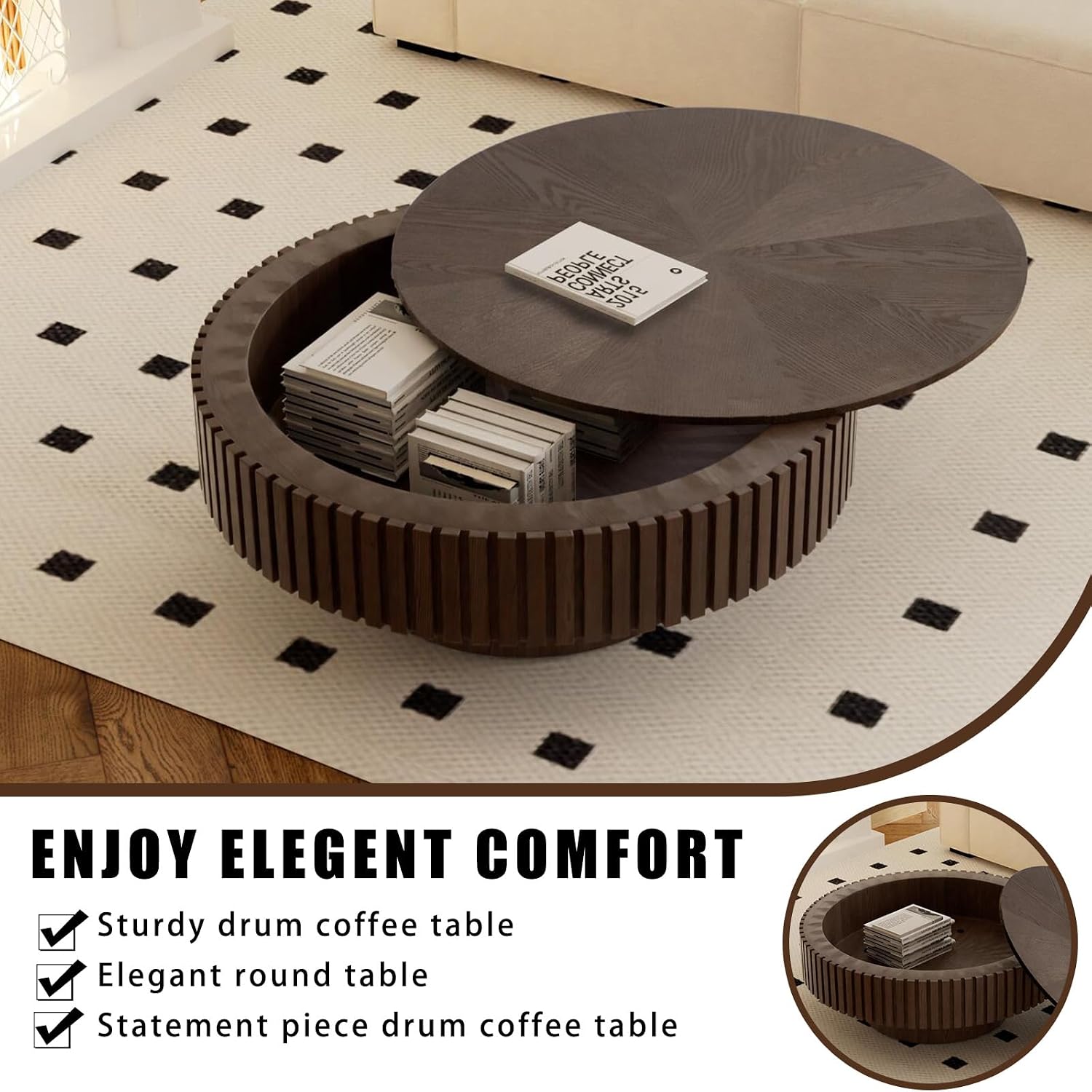 Brown Fluted Solid Wood Round Coffee Table