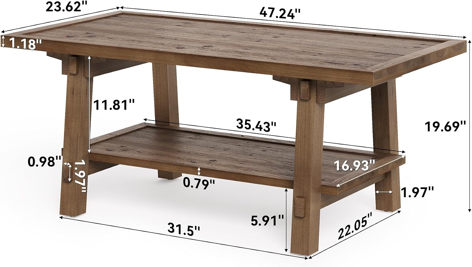 Vintage Brown 2-Tier Wood Coffee Table