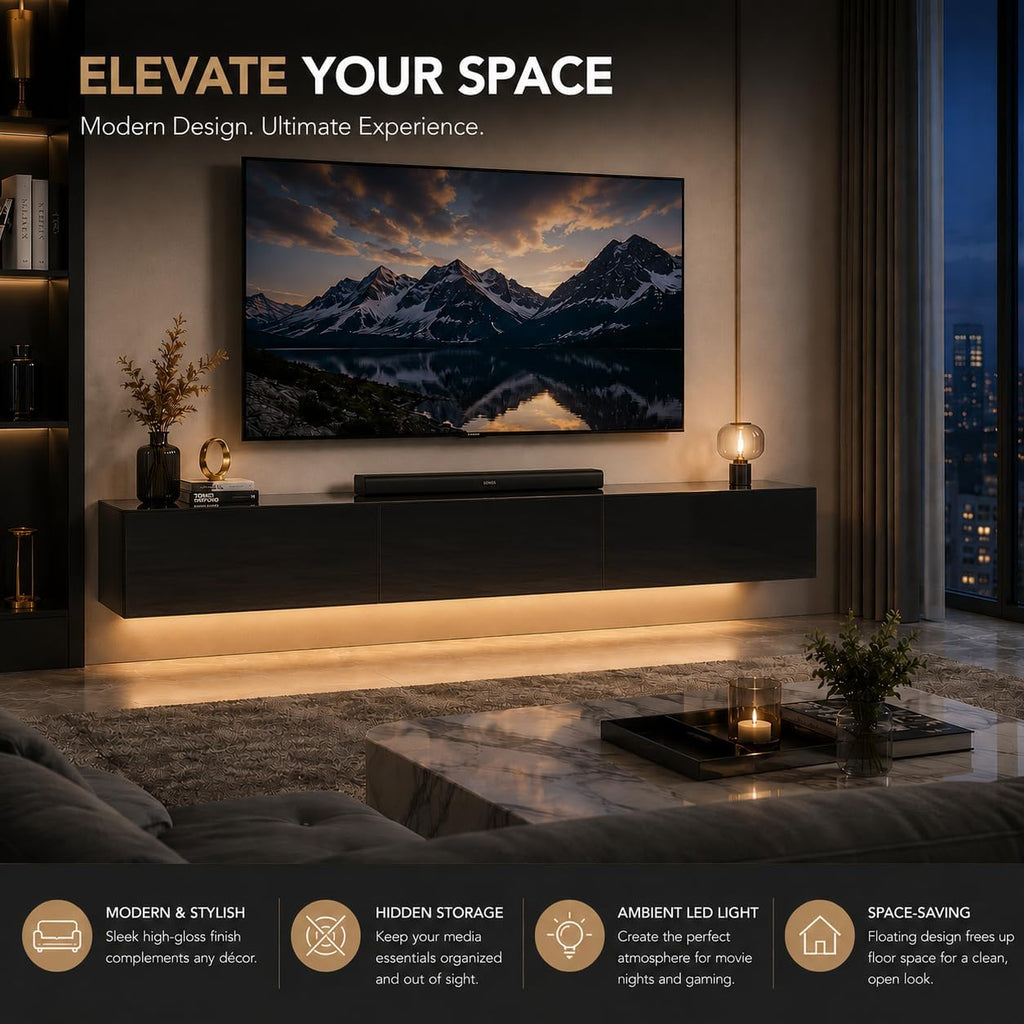 Black Gloss LED Floating TV Stand