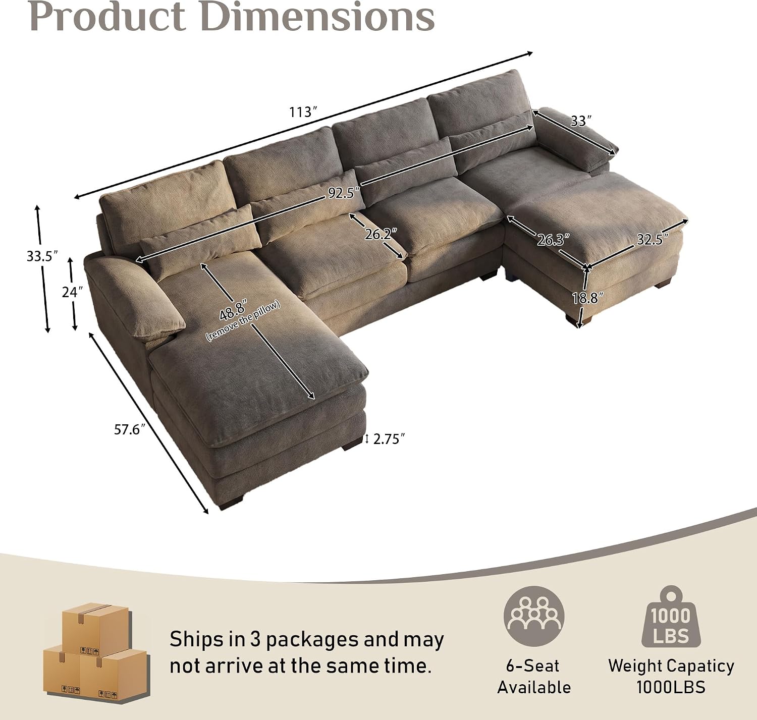 Grey Chenille U-Shaped Cloud Sectional
