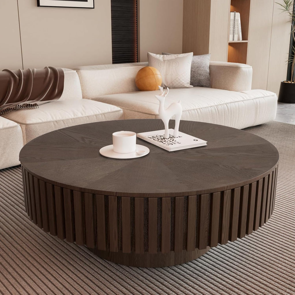 Brown Fluted Solid Wood Round Coffee Table