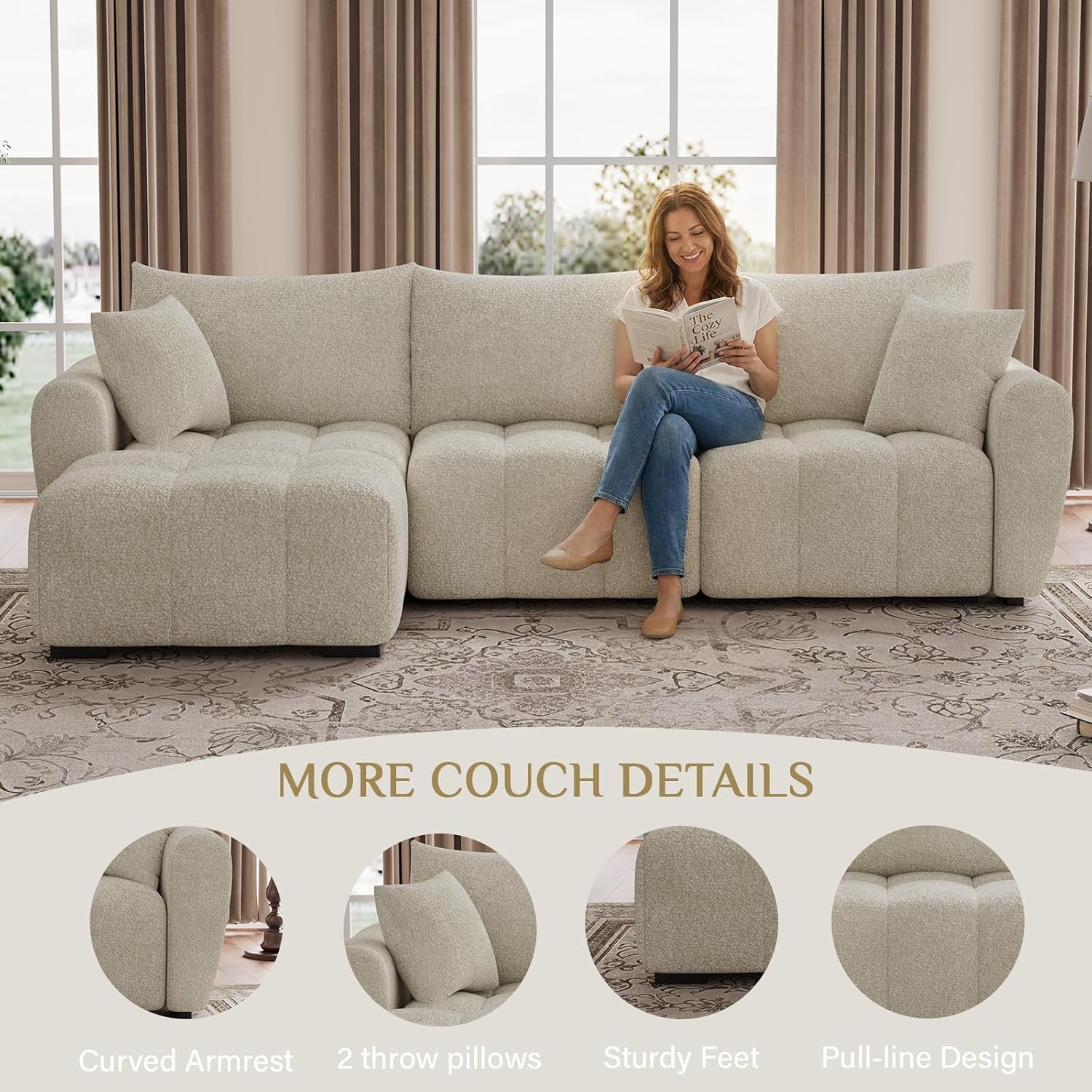 Beige Boucle Cloud Sectional with Ottoman