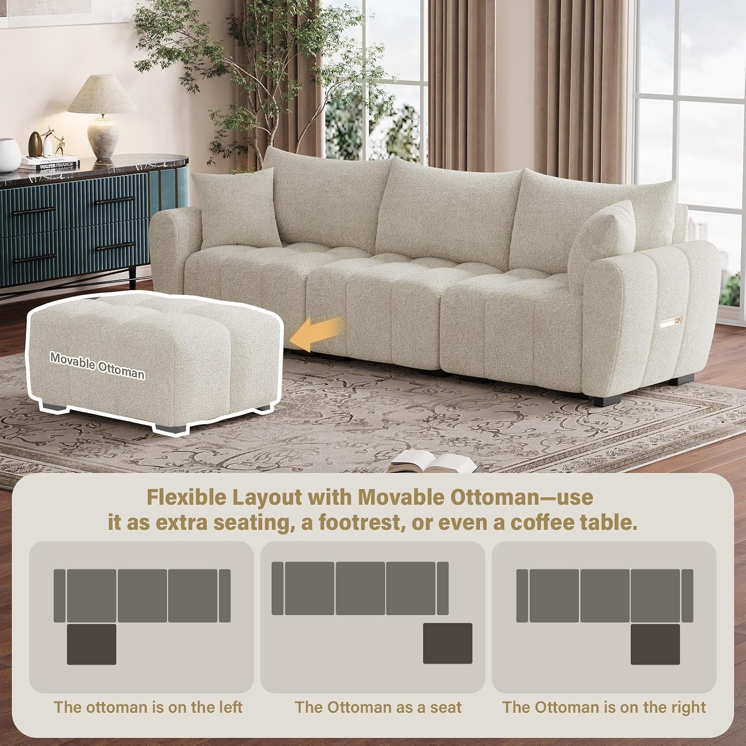 Beige Boucle Cloud Sectional with Ottoman