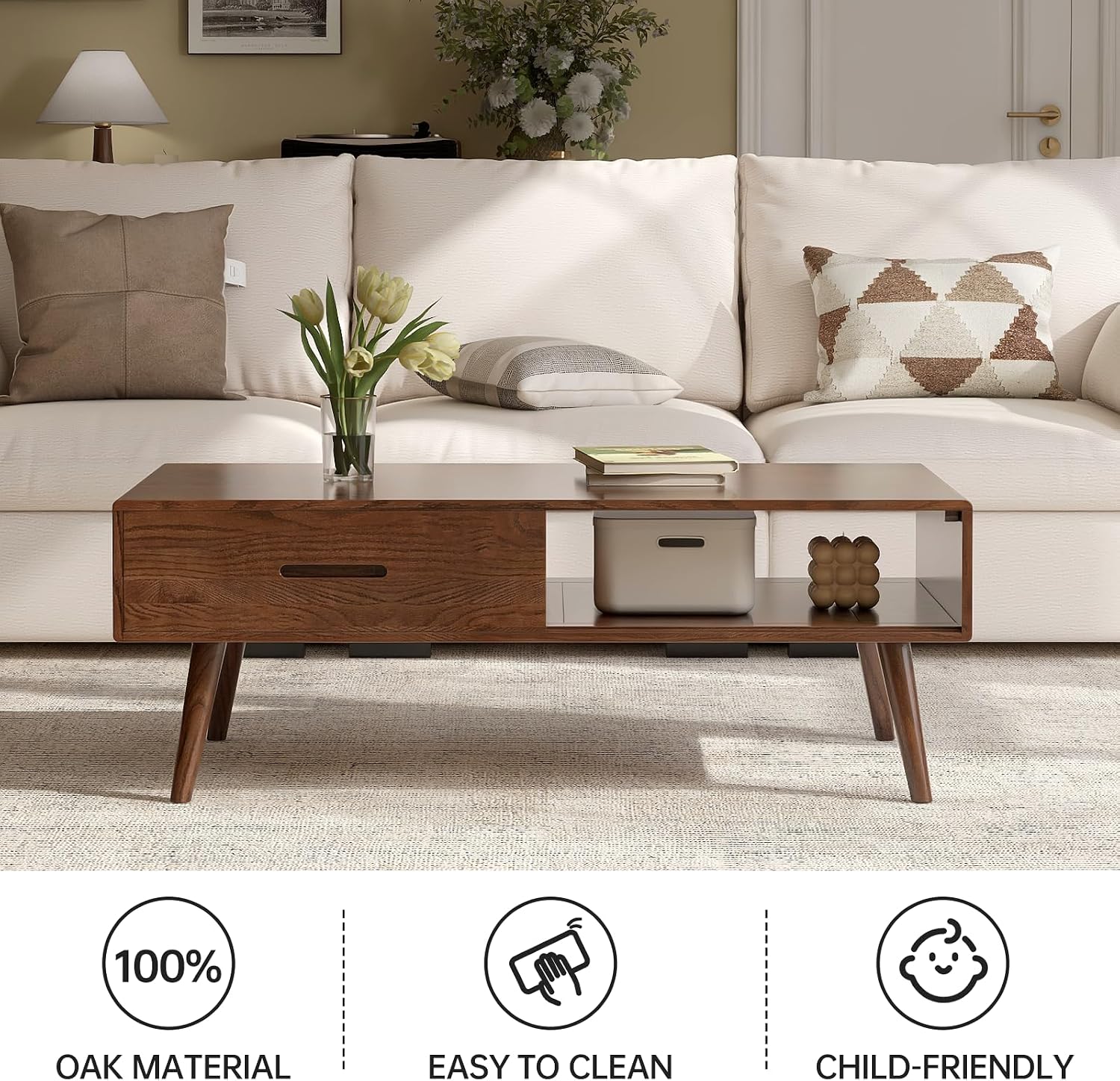 Oak Walnut Solid Wood Storage Coffee Table