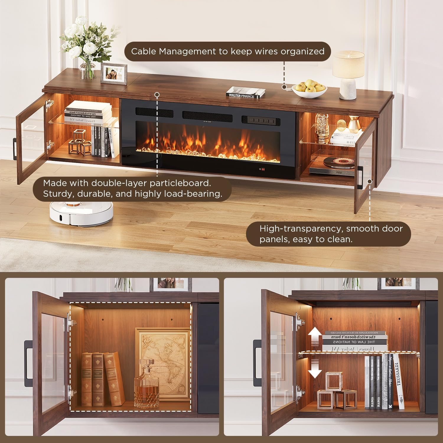 Brown Gloss Floating Fireplace TV Stand