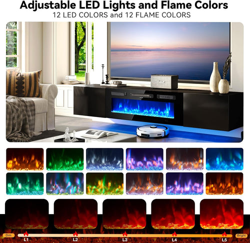 Black LED Floating Fireplace TV Stand
