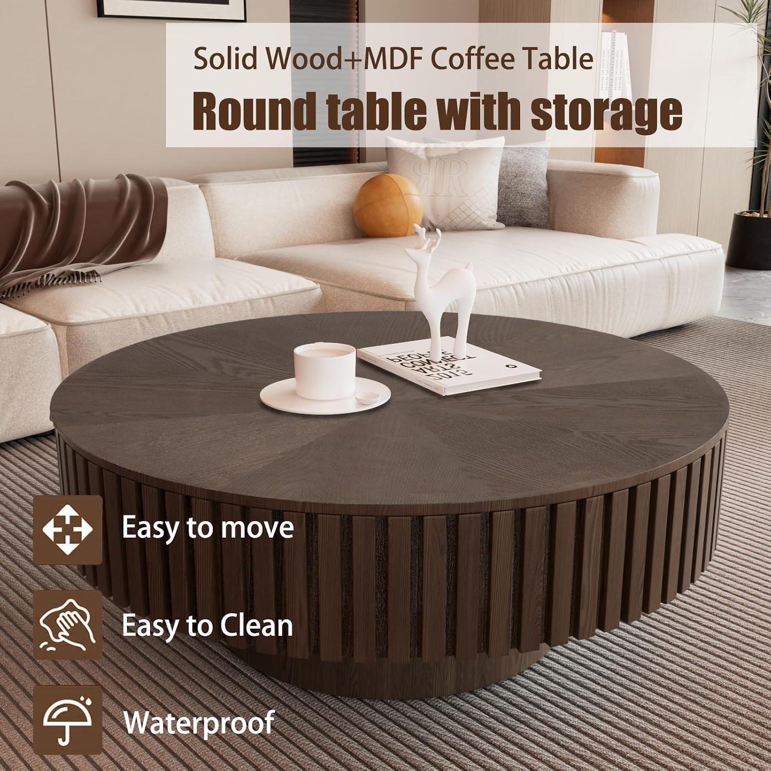 Brown Fluted Solid Wood Round Coffee Table