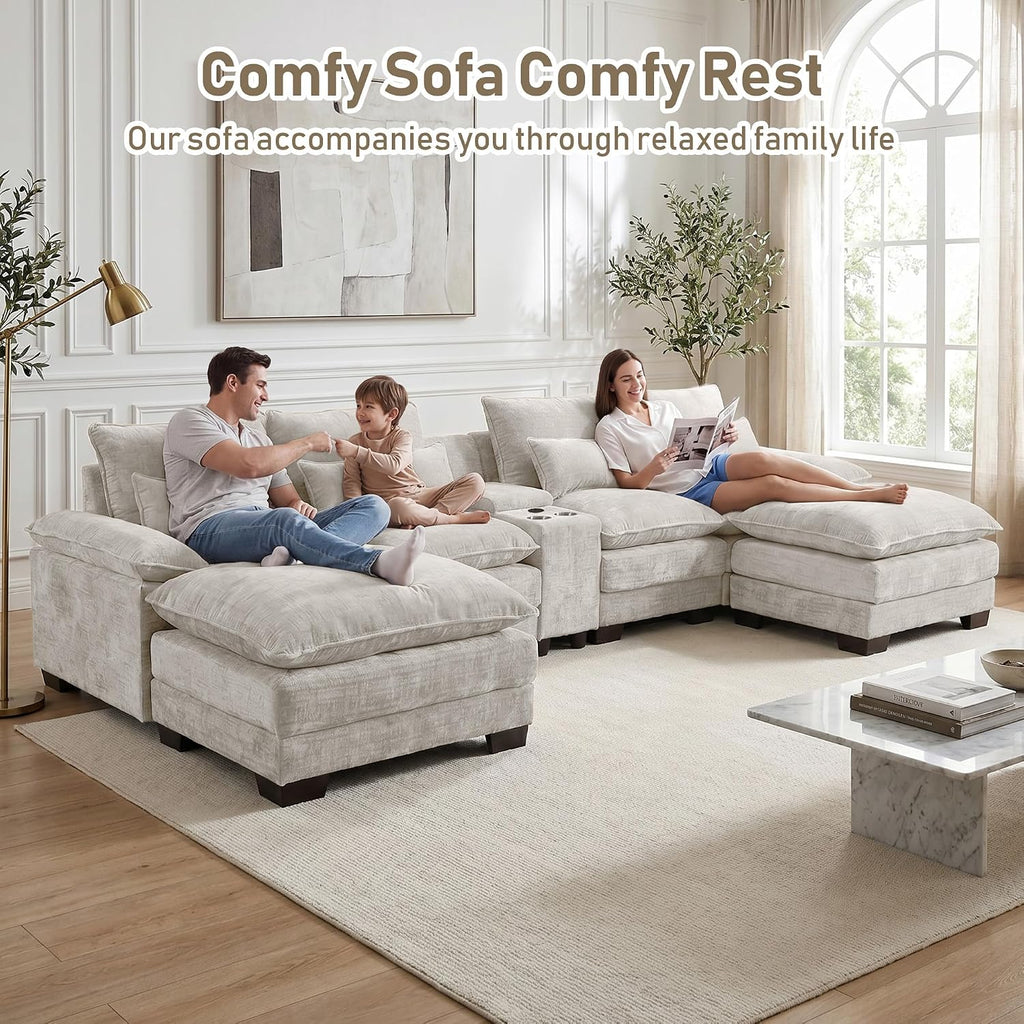 Cream U-Shaped Chenille Cloud Sectional