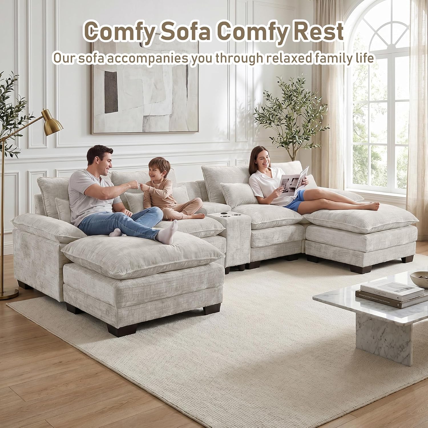 Cream U-Shaped Chenille Cloud Sectional