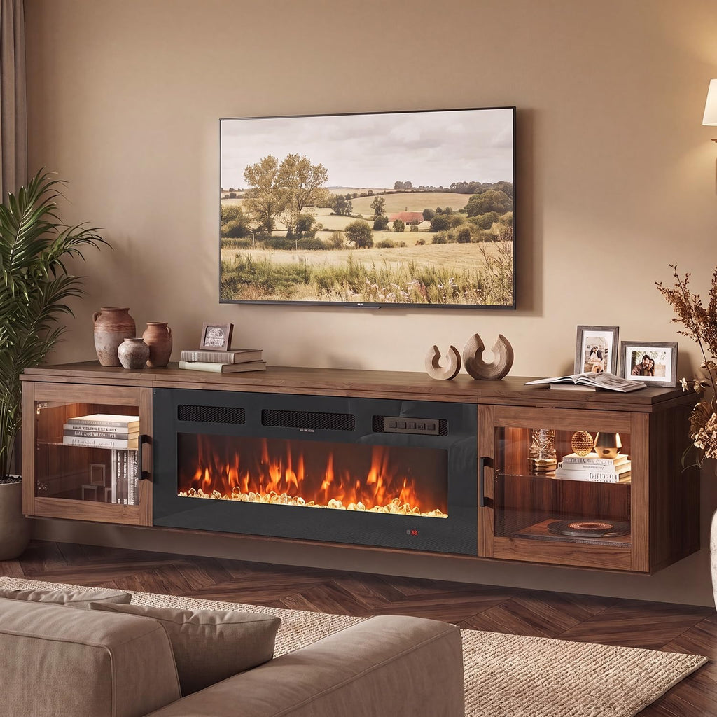 Brown Gloss Floating Fireplace TV Stand