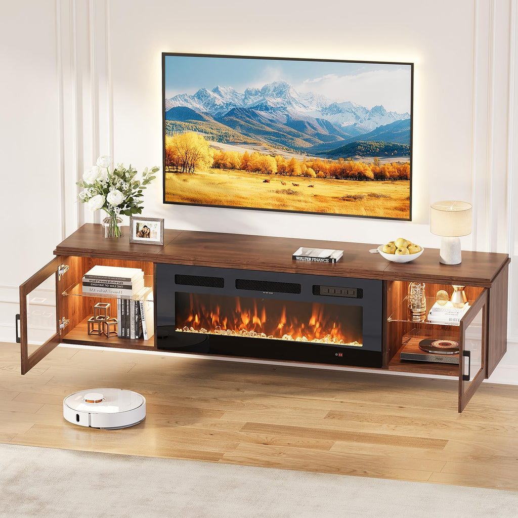 Brown Gloss Floating Fireplace TV Stand