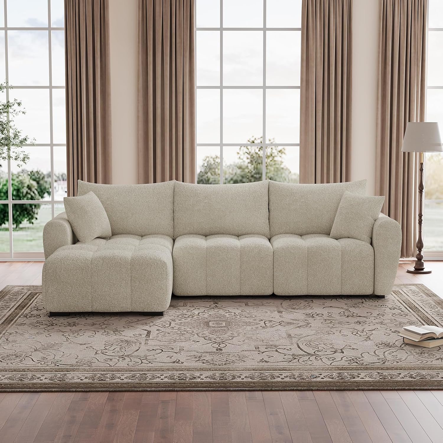 Beige Boucle Cloud Sectional with Ottoman