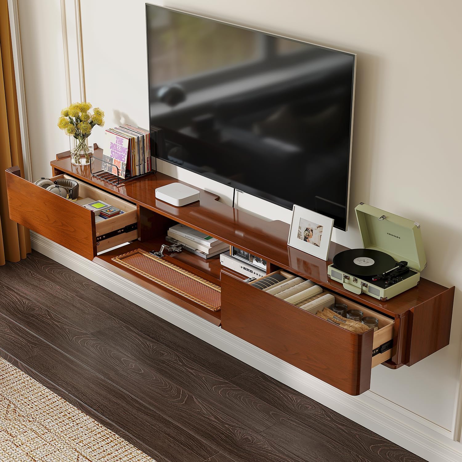 Walnut Rattan Floating TV Stand