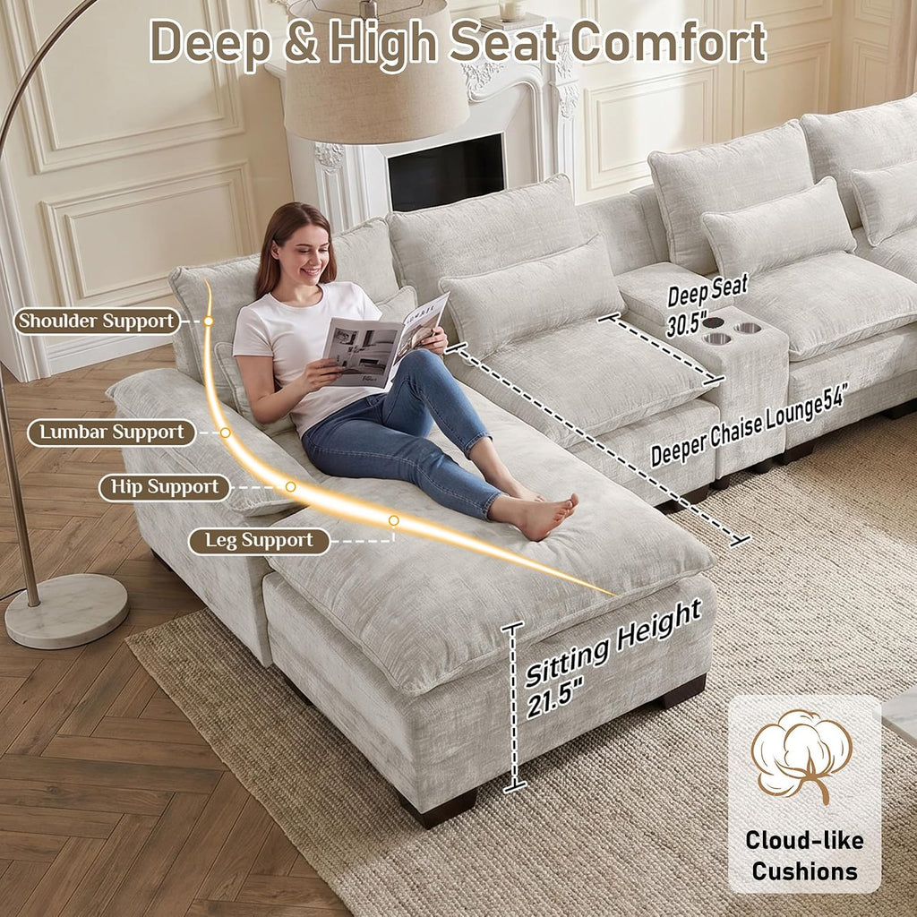 Cream U-Shaped Chenille Cloud Sectional