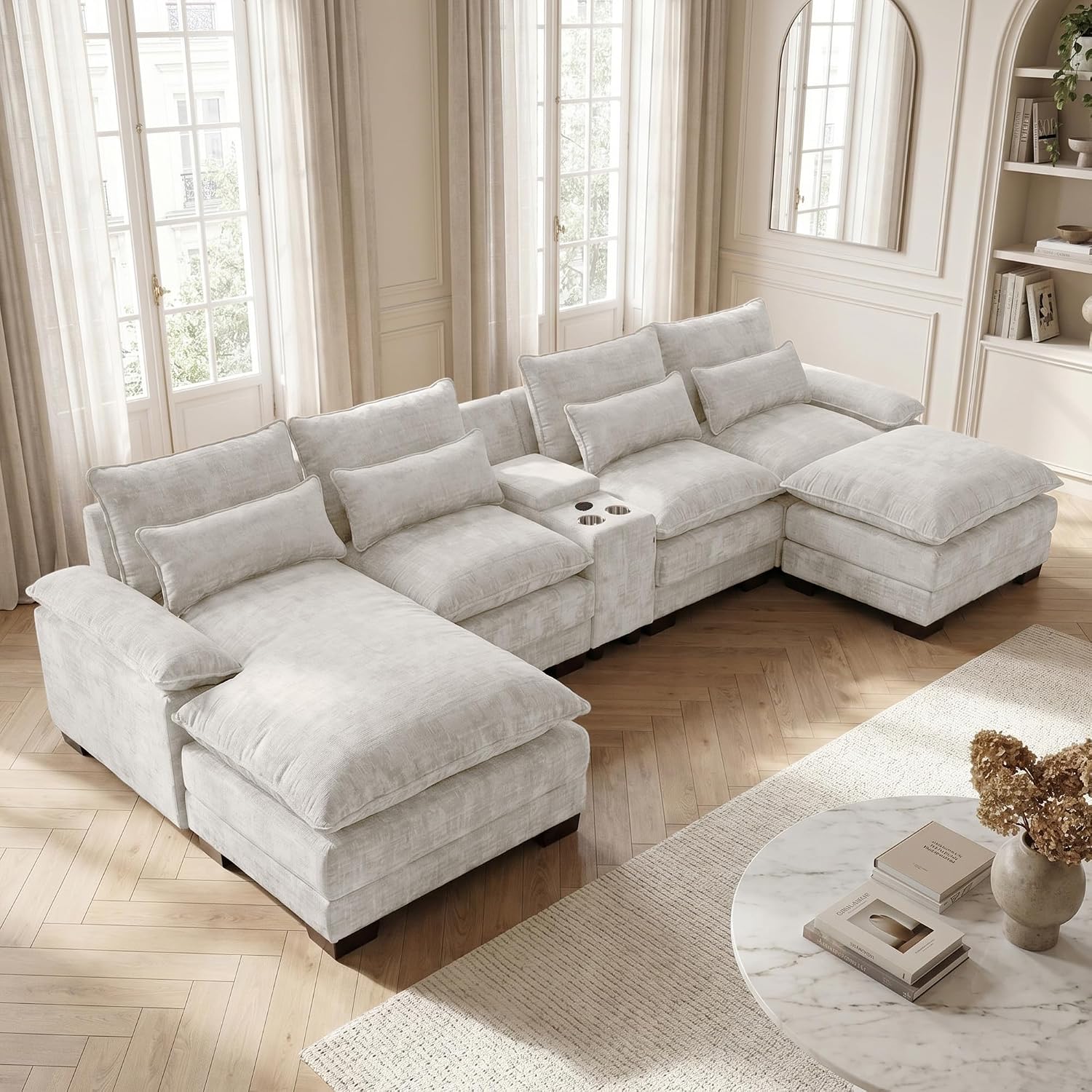 Cream U-Shaped Chenille Cloud Sectional