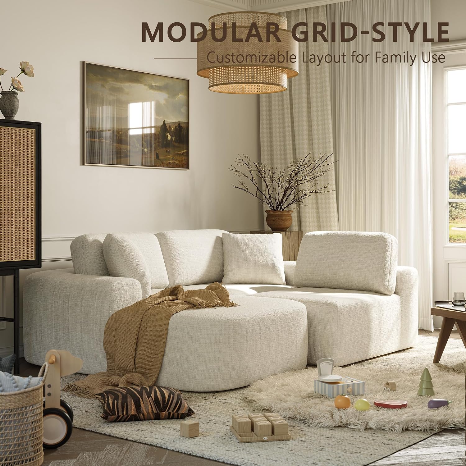 Ivory Boucle L-Shaped Sectional Sofa