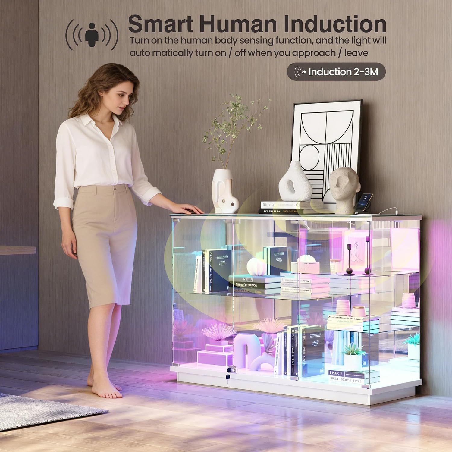 White RGB Sensor Lock Display Cabinet