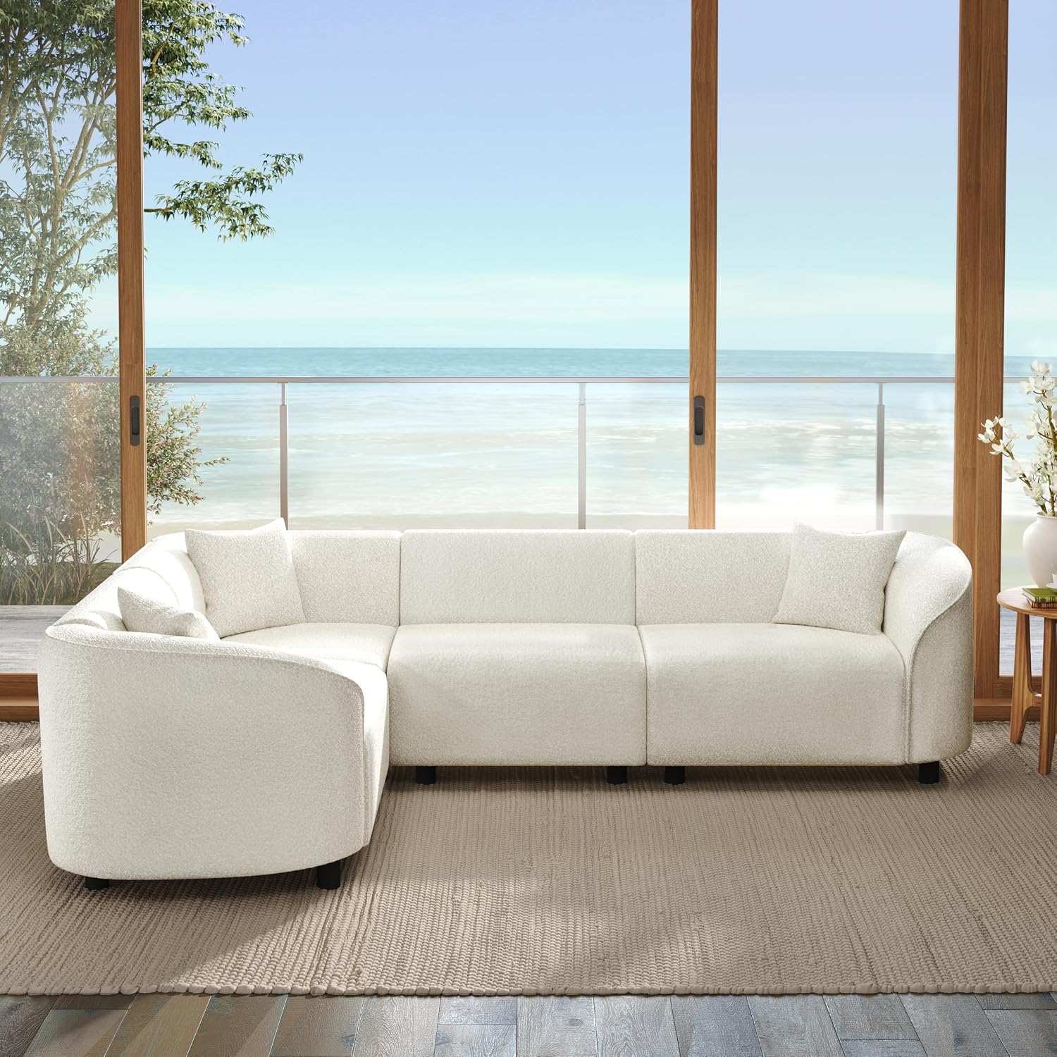 Beige Boucle Curved L-Shaped Sectional