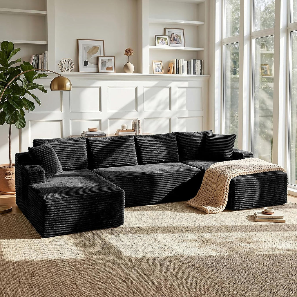 Black Corduroy U-Shaped Cloud Sofa