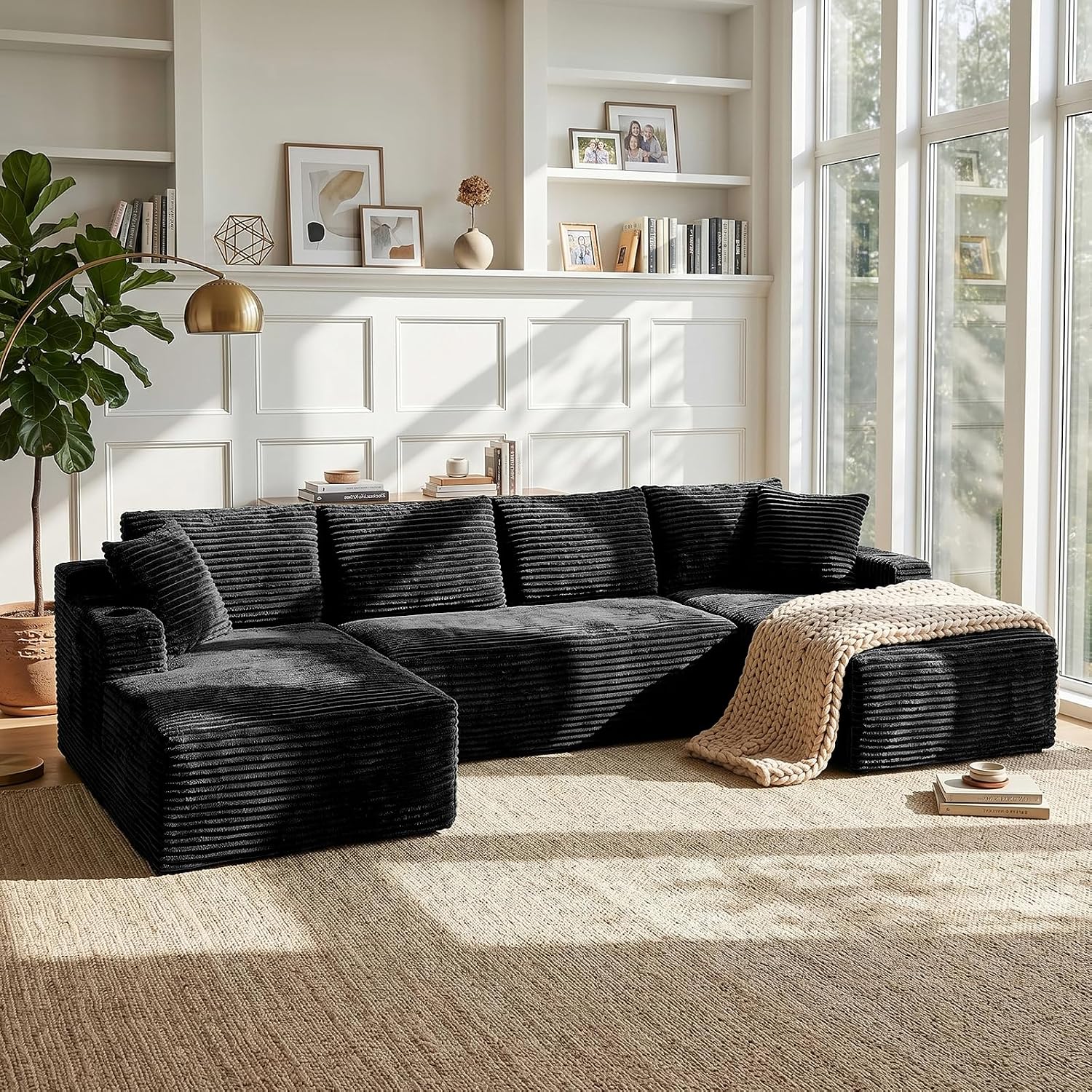 Black Corduroy U-Shaped Cloud Sofa