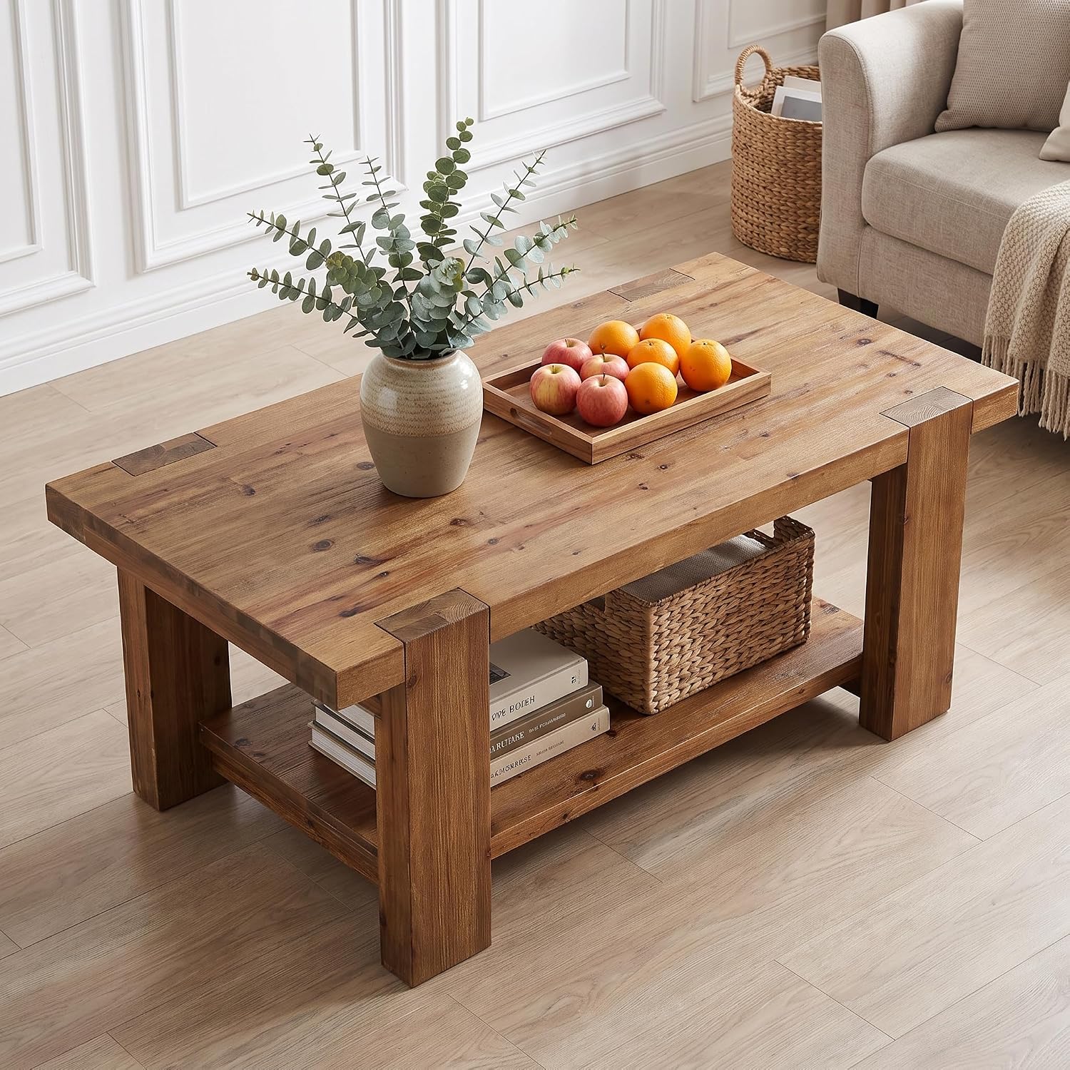 Rustic 2-Tier Wood Storage Coffee Table