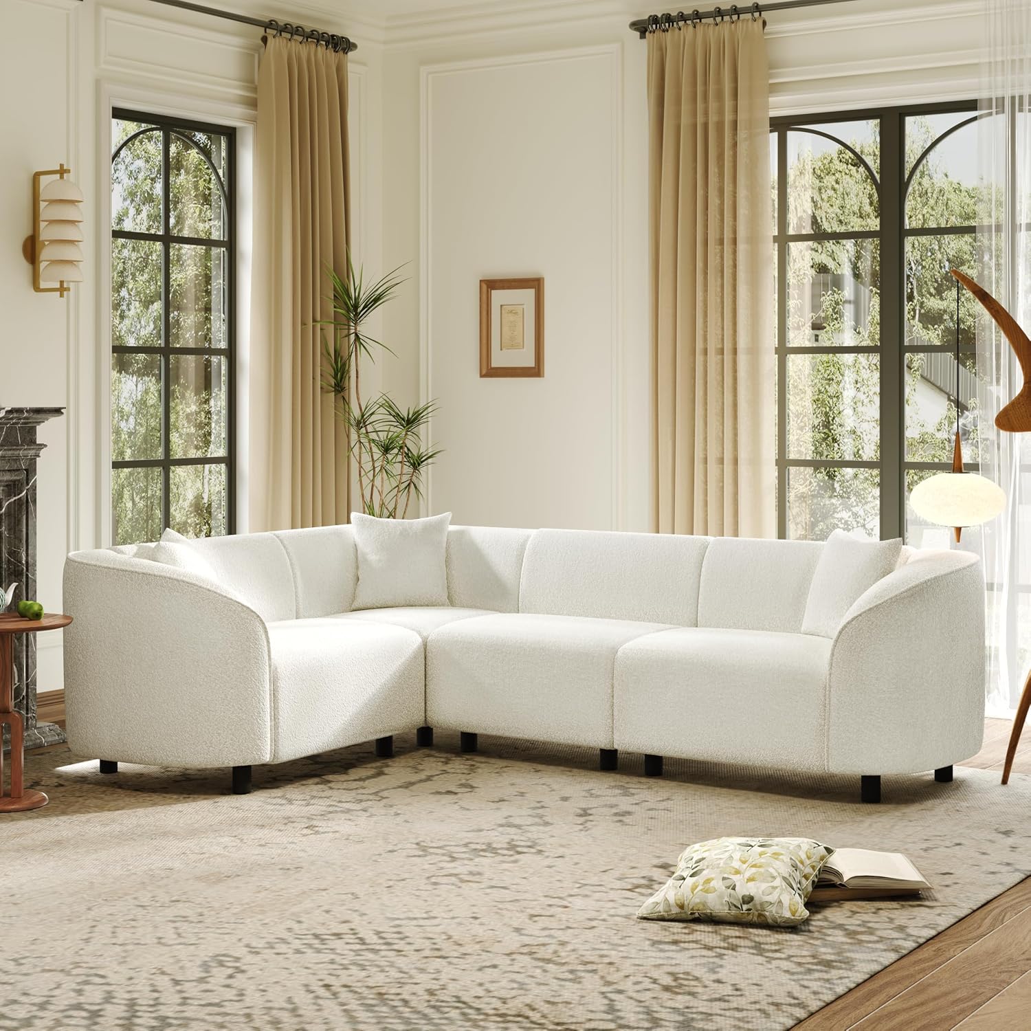 Beige Boucle Curved L-Shaped Sectional