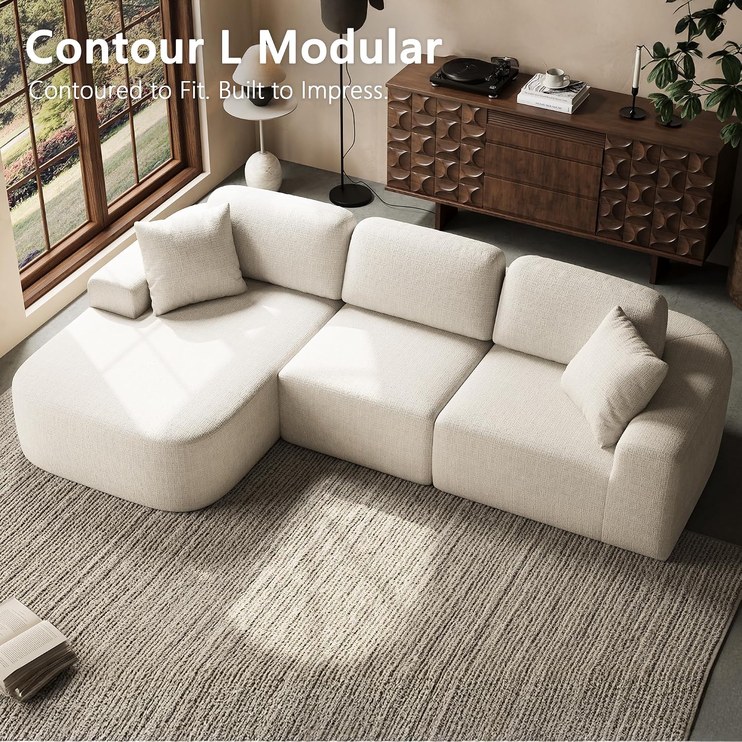 Ivory Boucle L-Shaped Sectional Sofa