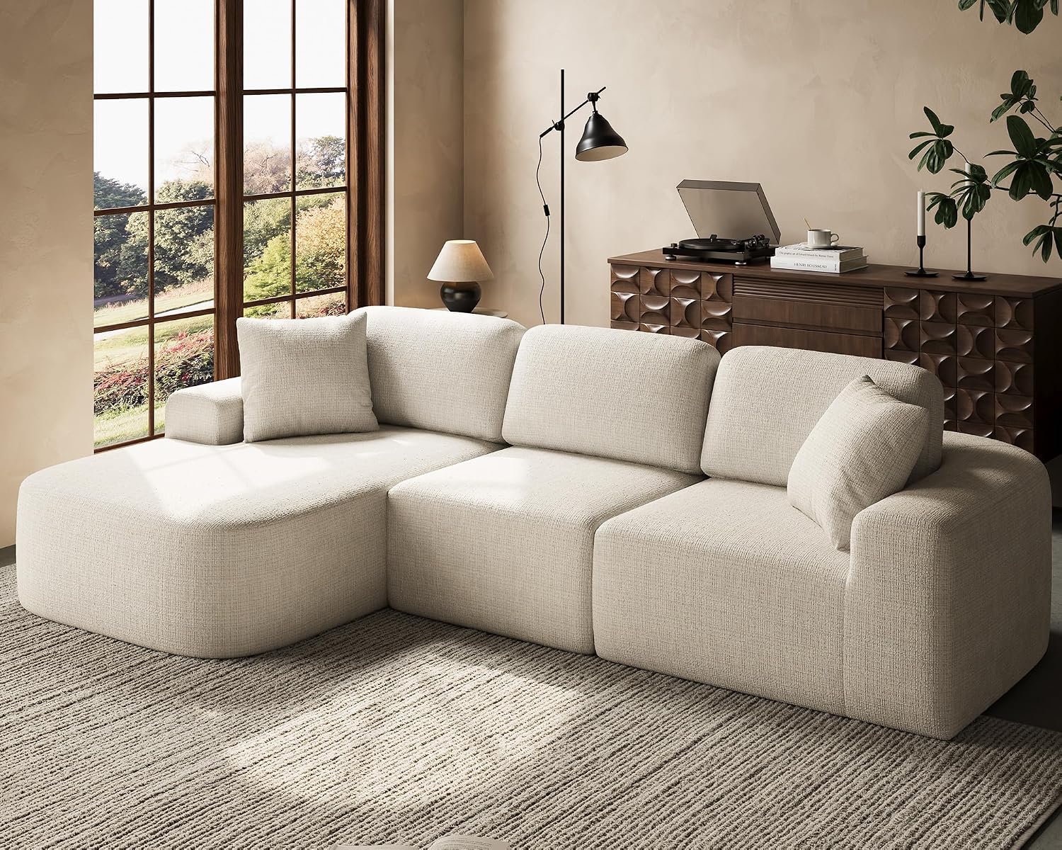 Ivory Boucle L-Shaped Sectional Sofa