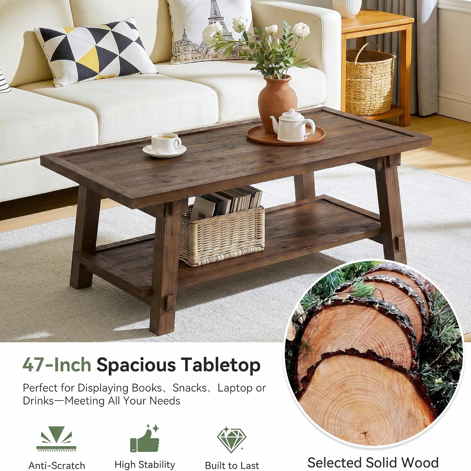 Vintage Brown 2-Tier Wood Coffee Table