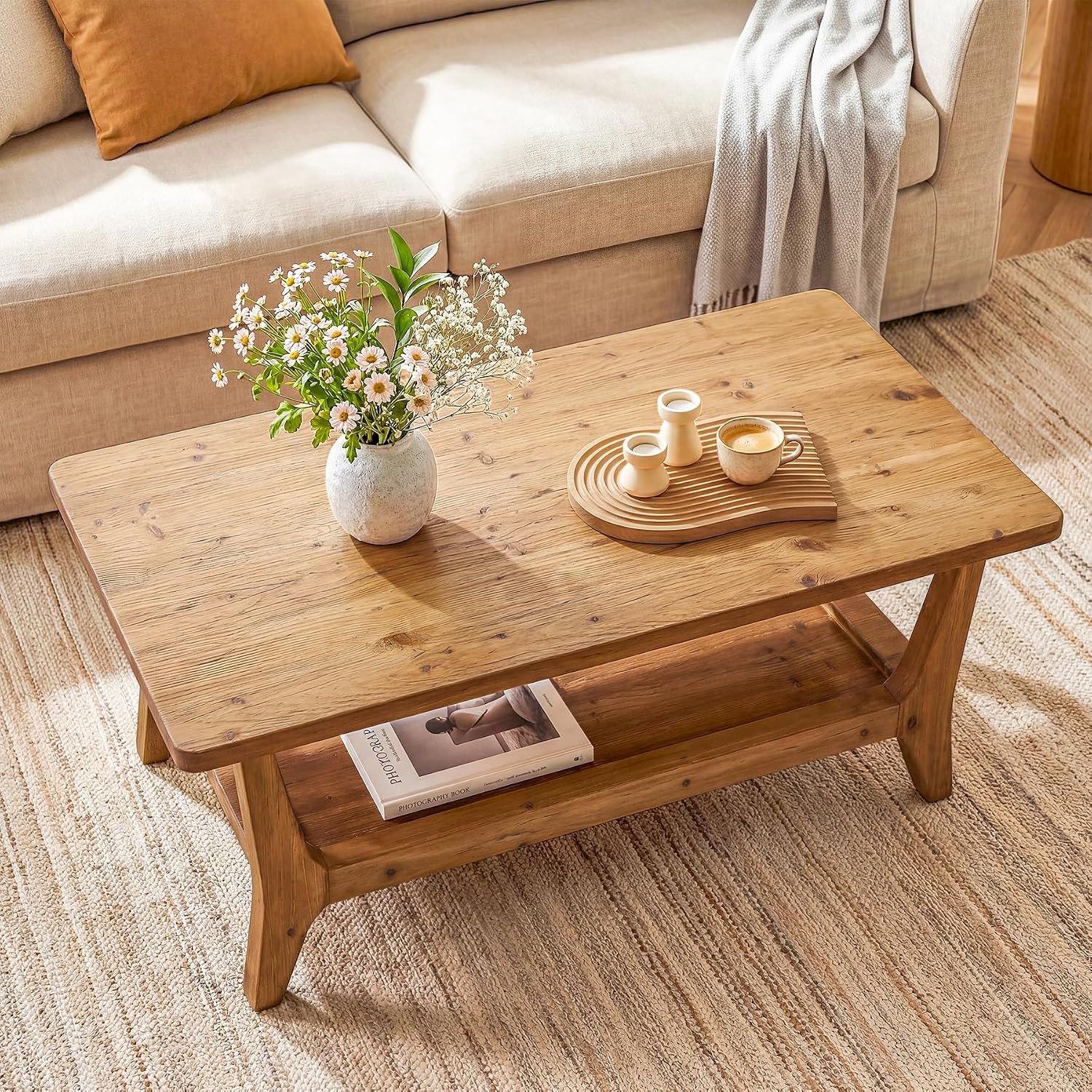 2-Tier Solid Wood Storage Coffee Table