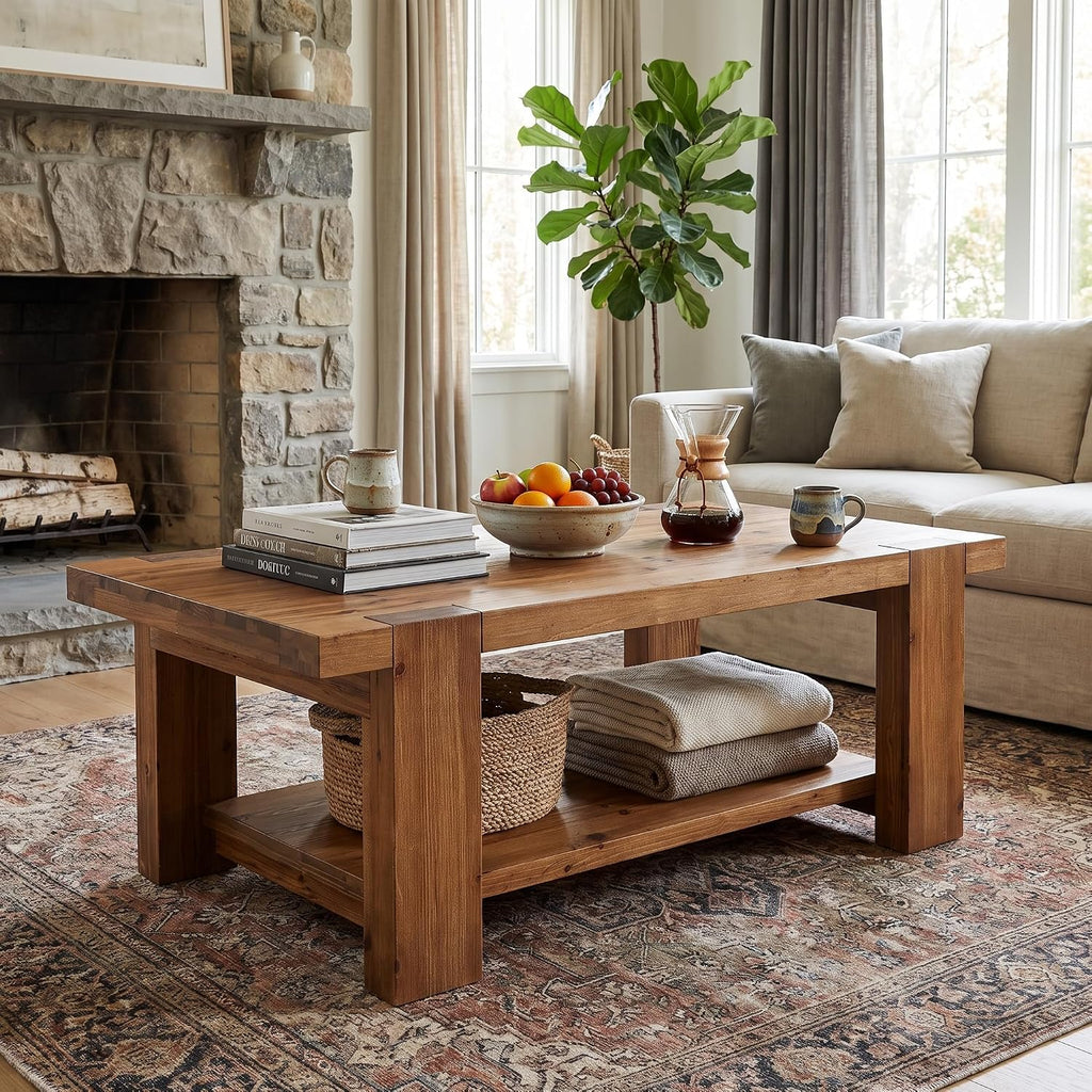 Rustic 2-Tier Wood Storage Coffee Table