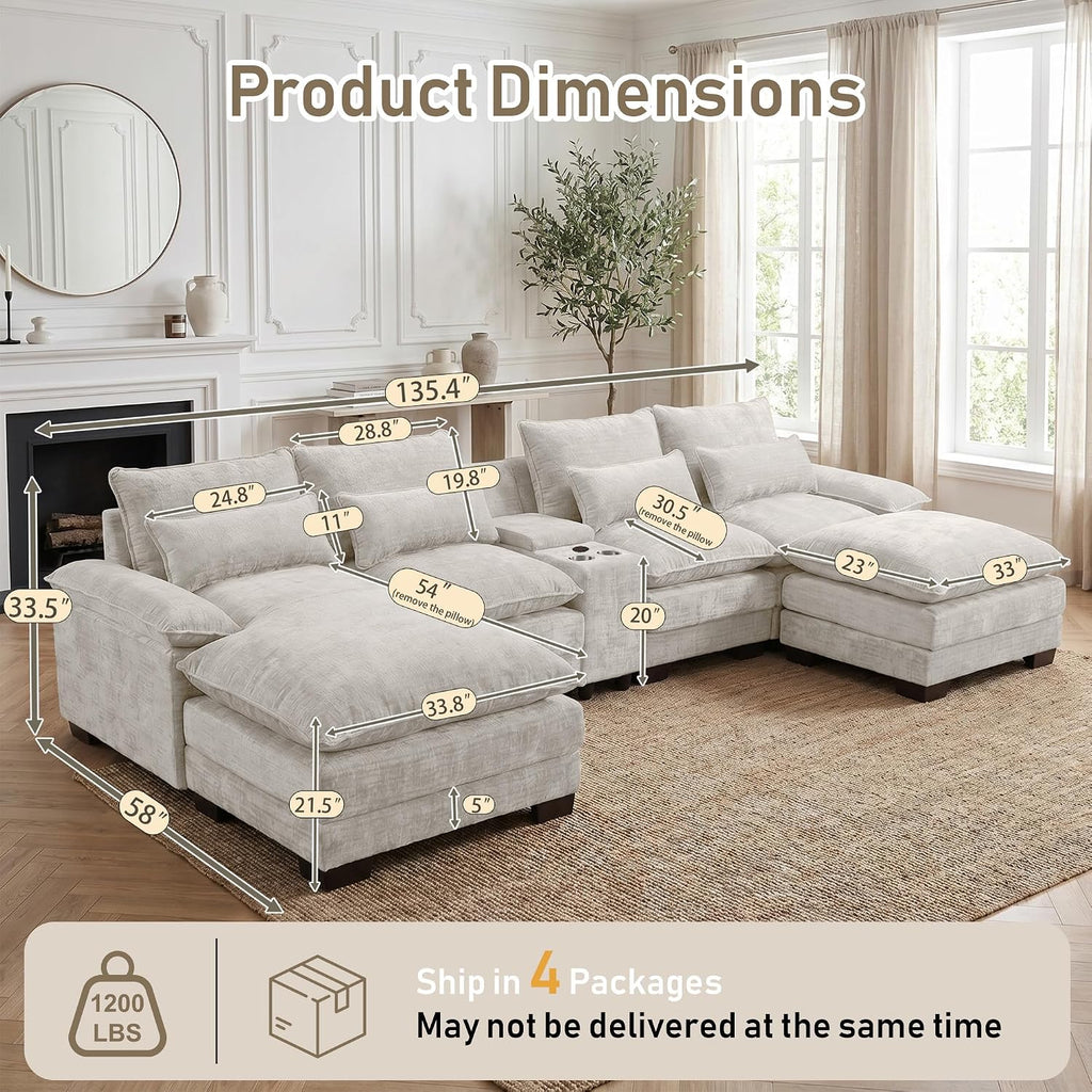 Cream U-Shaped Chenille Cloud Sectional